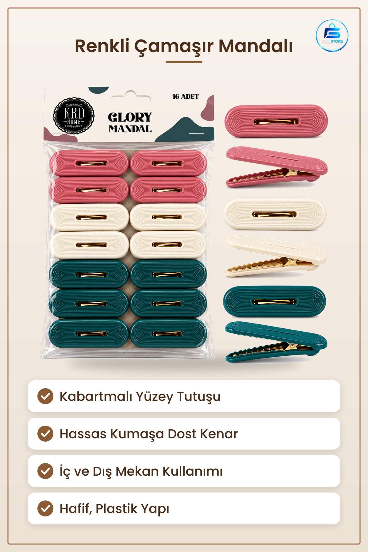 Çamaşır Mandalı Renkli Kabartmalı Plastik Kumaşa Dost Tutuş İç ve Dış Mekan Kullanımı
