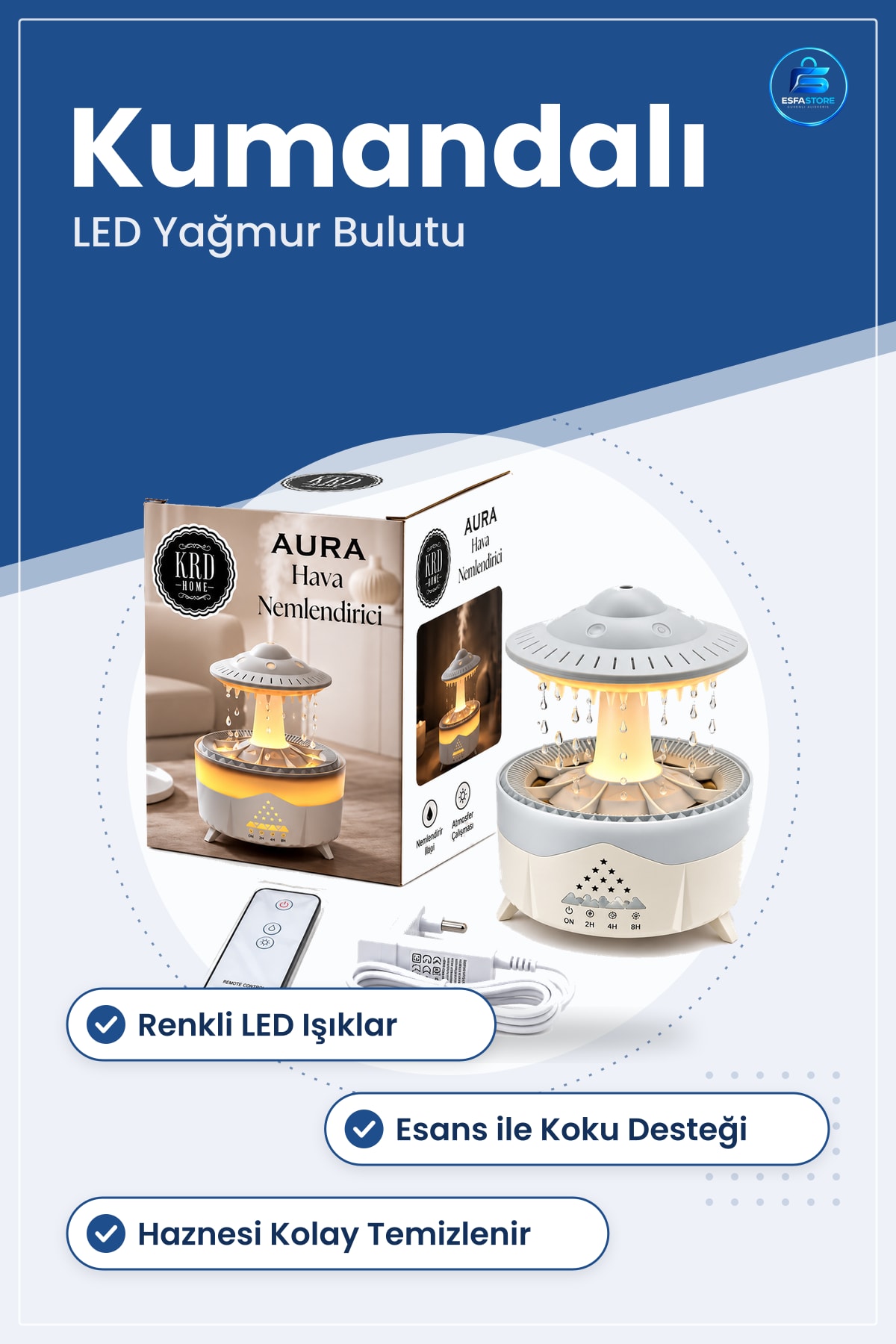 Hava Nemlendirici Kumandalı LED Yağmur Bulutu Buhar ve Koku Giderici Ev Ofis İçin Gece Lambası