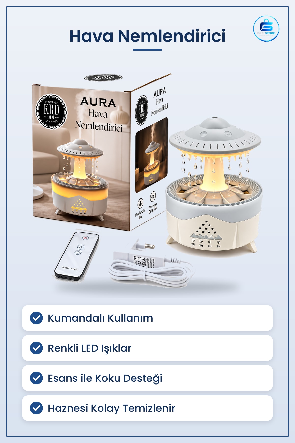 Hava Nemlendirici Kumandalı LED Yağmur Bulutu Buhar ve Koku Giderici Ev Ofis İçin Gece Lambası