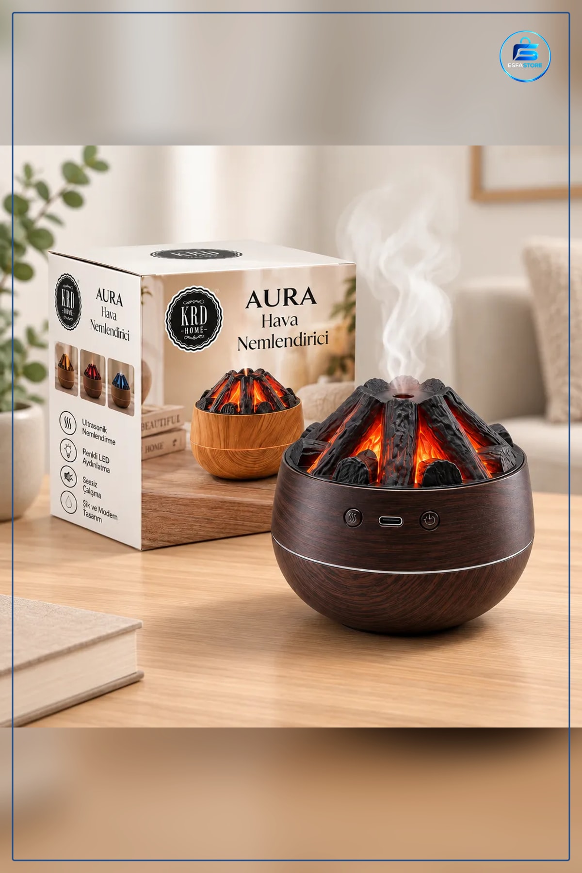 Şömine Görünümlü Hava Nemlendirici Buhar Ultrasonik Koku Giderici Aroma Desteği LED Aydınlatma