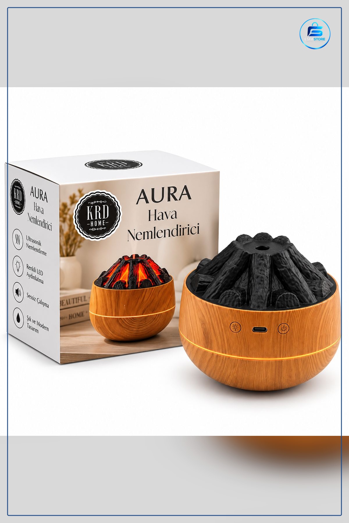 Şömine Görünümlü Hava Nemlendirici Buhar Ultrasonik Koku Giderici Aroma Desteği LED Aydınlatma