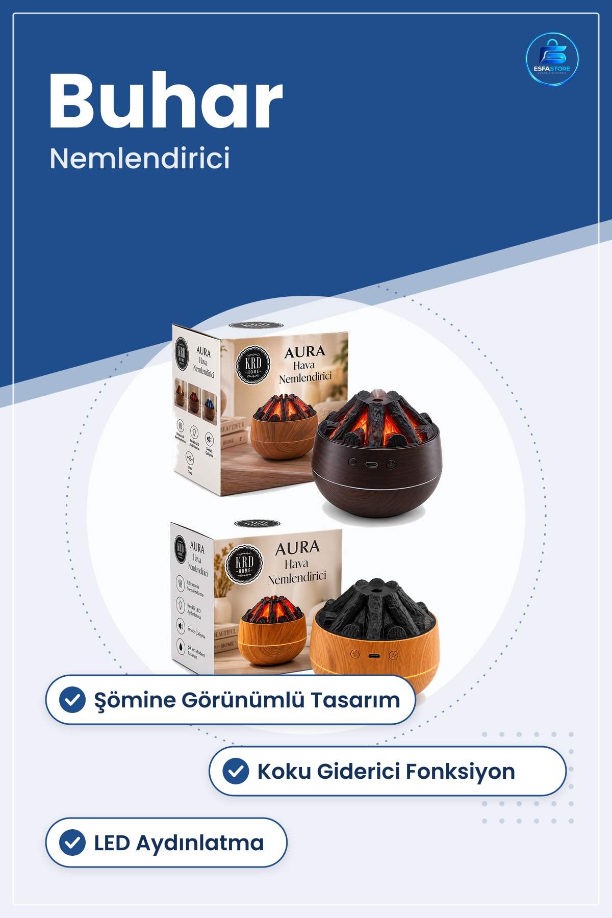 Şömine Görünümlü Hava Nemlendirici Buhar Ultrasonik Koku Giderici Aroma Desteği LED Aydınlatma