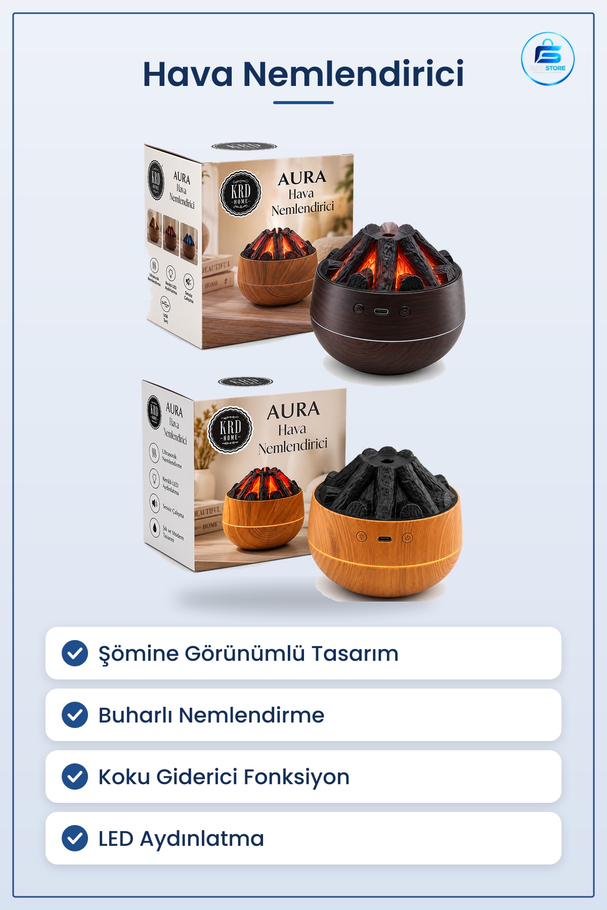 Şömine Görünümlü Hava Nemlendirici Buhar Ultrasonik Koku Giderici Aroma Desteği LED Aydınlatma