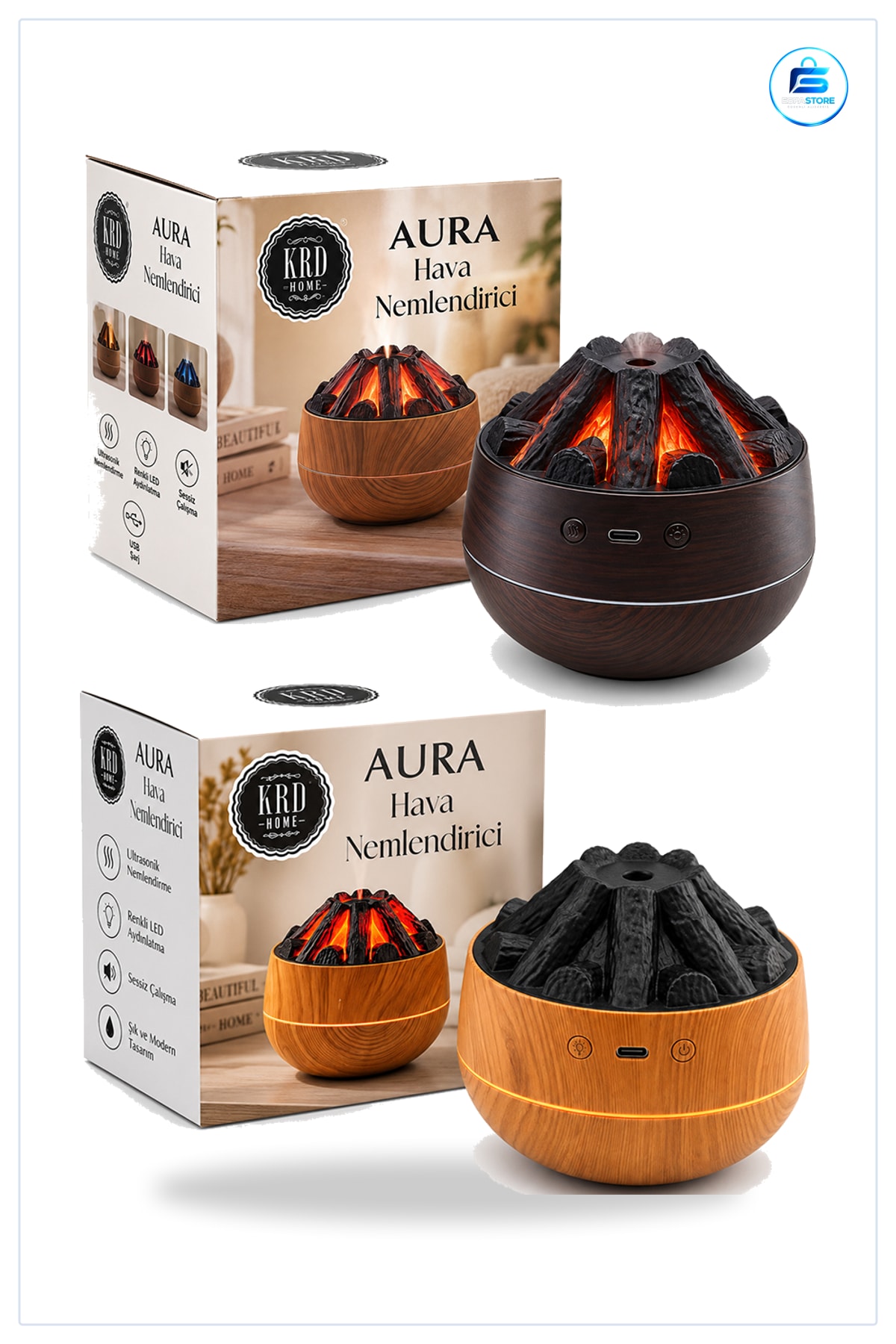 Şömine Görünümlü Hava Nemlendirici Buhar Ultrasonik Koku Giderici Aroma Desteği LED Aydınlatma