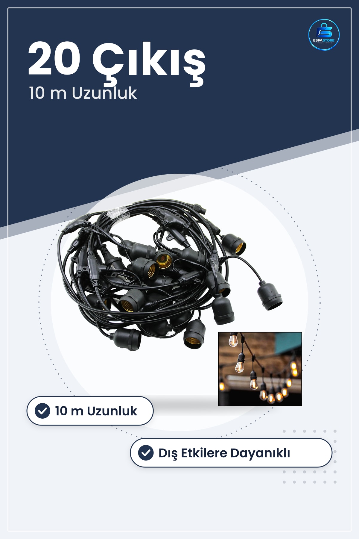 Organizasyon Aydınlatma Kablosu 10 m Çıkışlı Siyah PVC Dış Mekan Işık Zinciri Priz Bağlantı Etkinlik