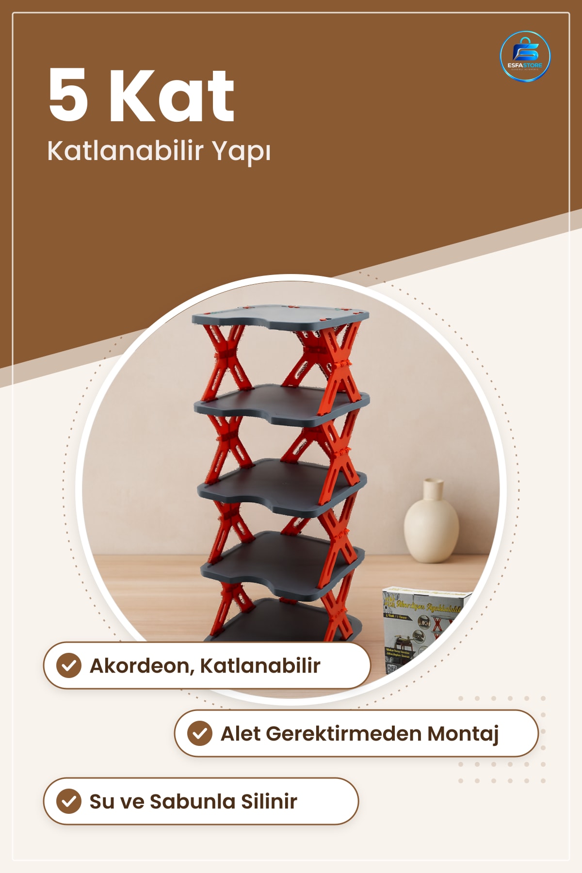 Ayakkabı Düzenleyici 5 Katlı Katlanabilir Plastik Ayakkabılık 27x27 cm Akordeon Girişi Koridor
