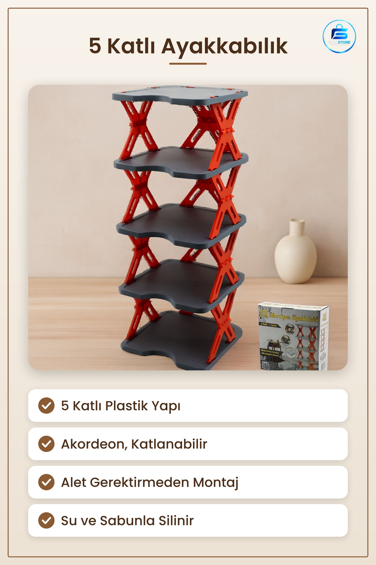 Ayakkabı Düzenleyici 5 Katlı Katlanabilir Plastik Ayakkabılık 27x27 cm Akordeon Girişi Koridor