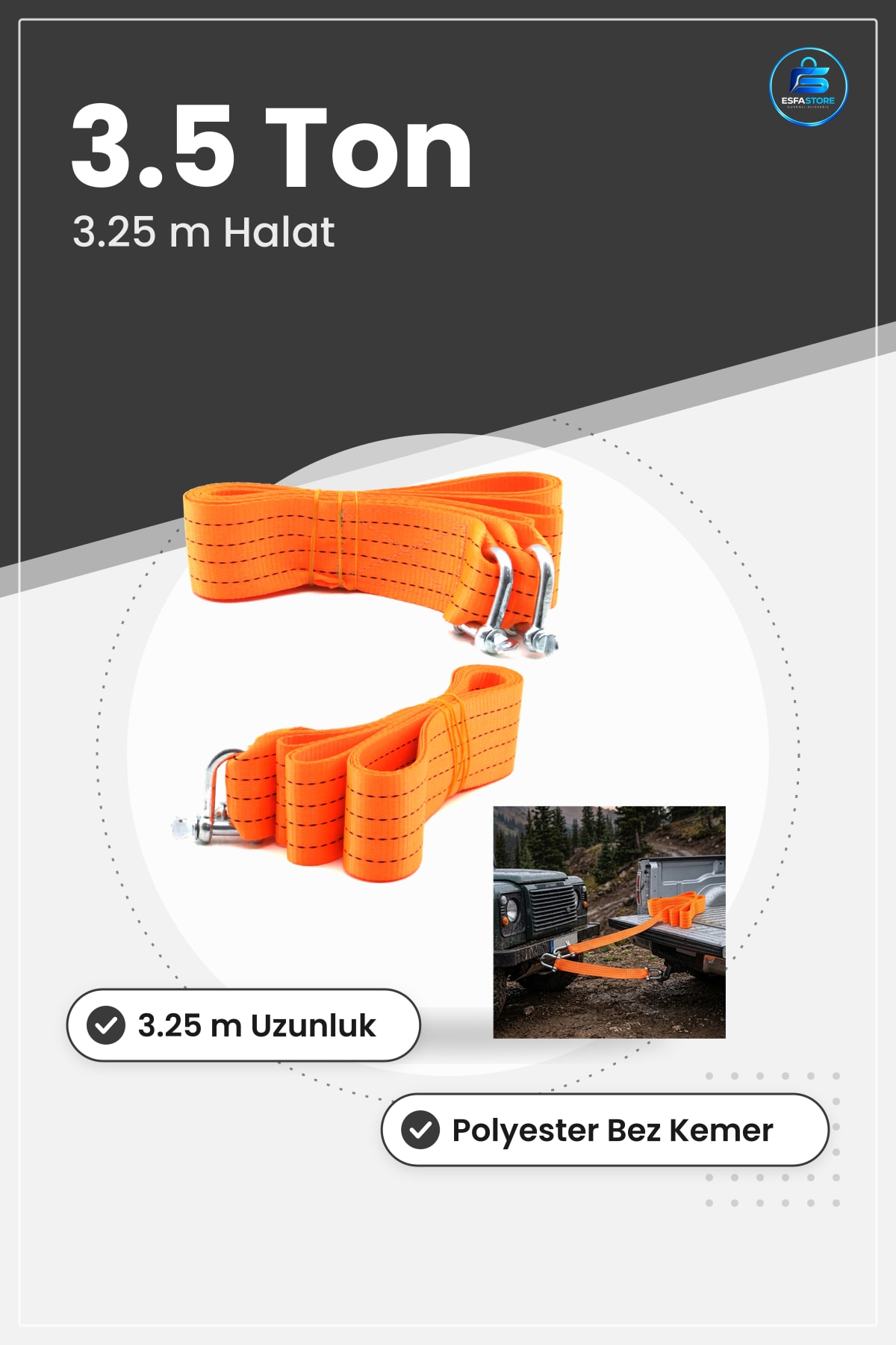 Oto Çekme Halatı Bez Kemer 3.5 Ton 3.25 m Polyester Yol Yardım Kurtarma Araç Bağlantı Çeki Demiri