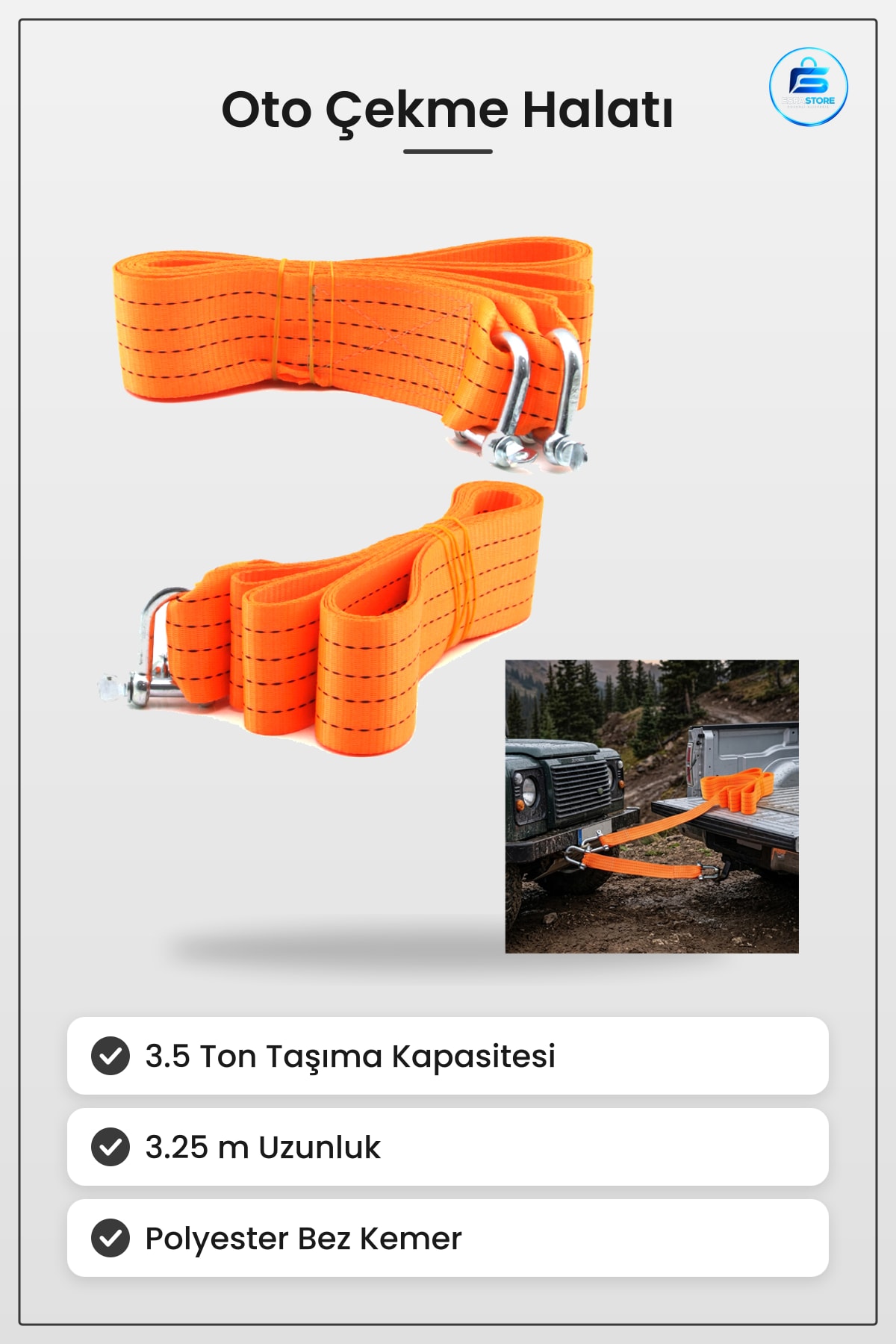 Oto Çekme Halatı Bez Kemer 3.5 Ton 3.25 m Polyester Yol Yardım Kurtarma Araç Bağlantı Çeki Demiri