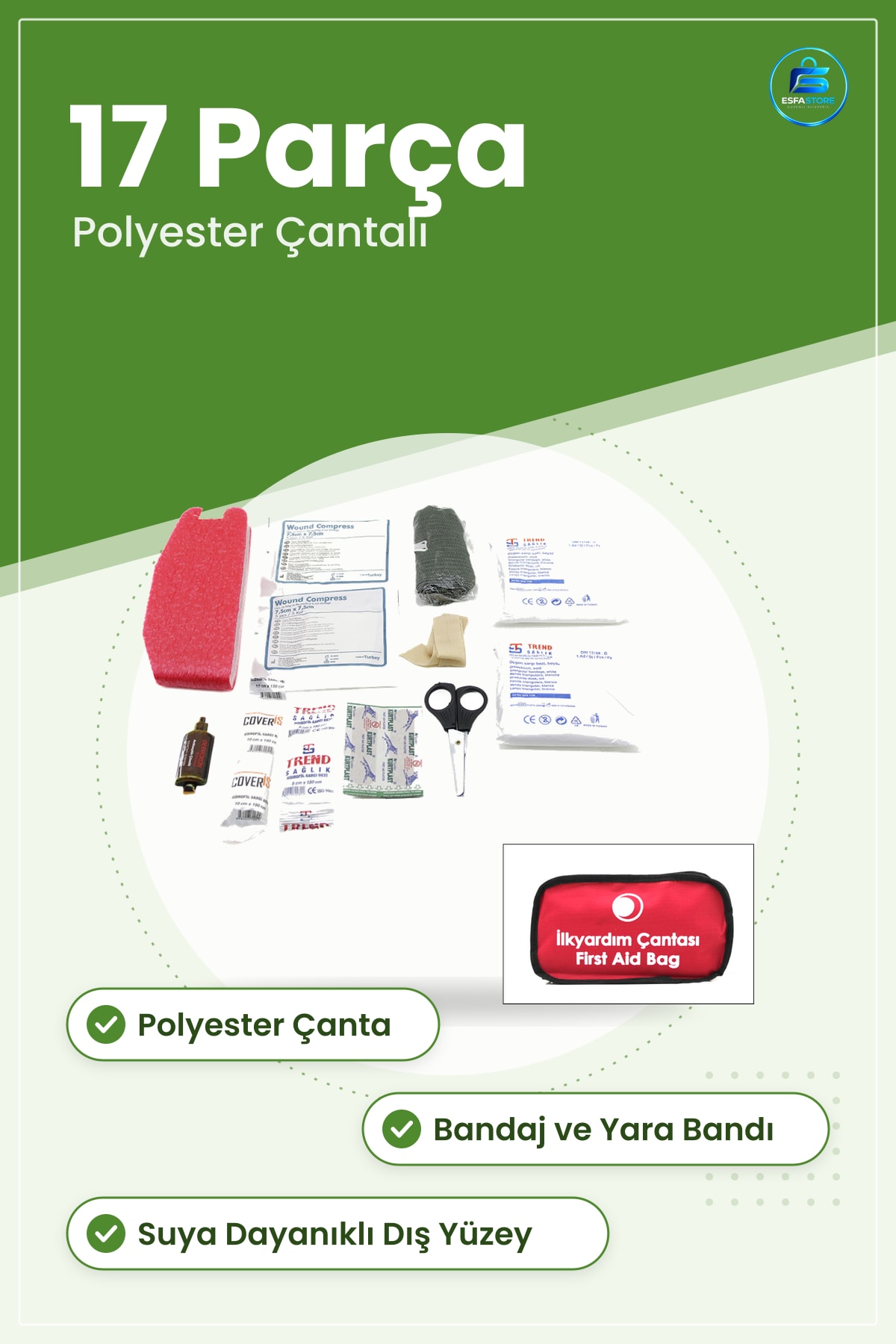 İlk Yardım Seti 17 Parça Polyester Çantalı Ev Araç ve İş Yeri Seyahat Ekipmanı Kiti