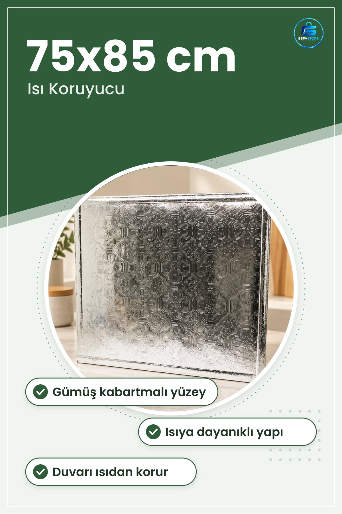 Soba Duvar Isı Koruyucu Paneli 75x85 cm Isıya Dayanıklı Gümüş Kabartmalı Yüzey Ocak Arkası