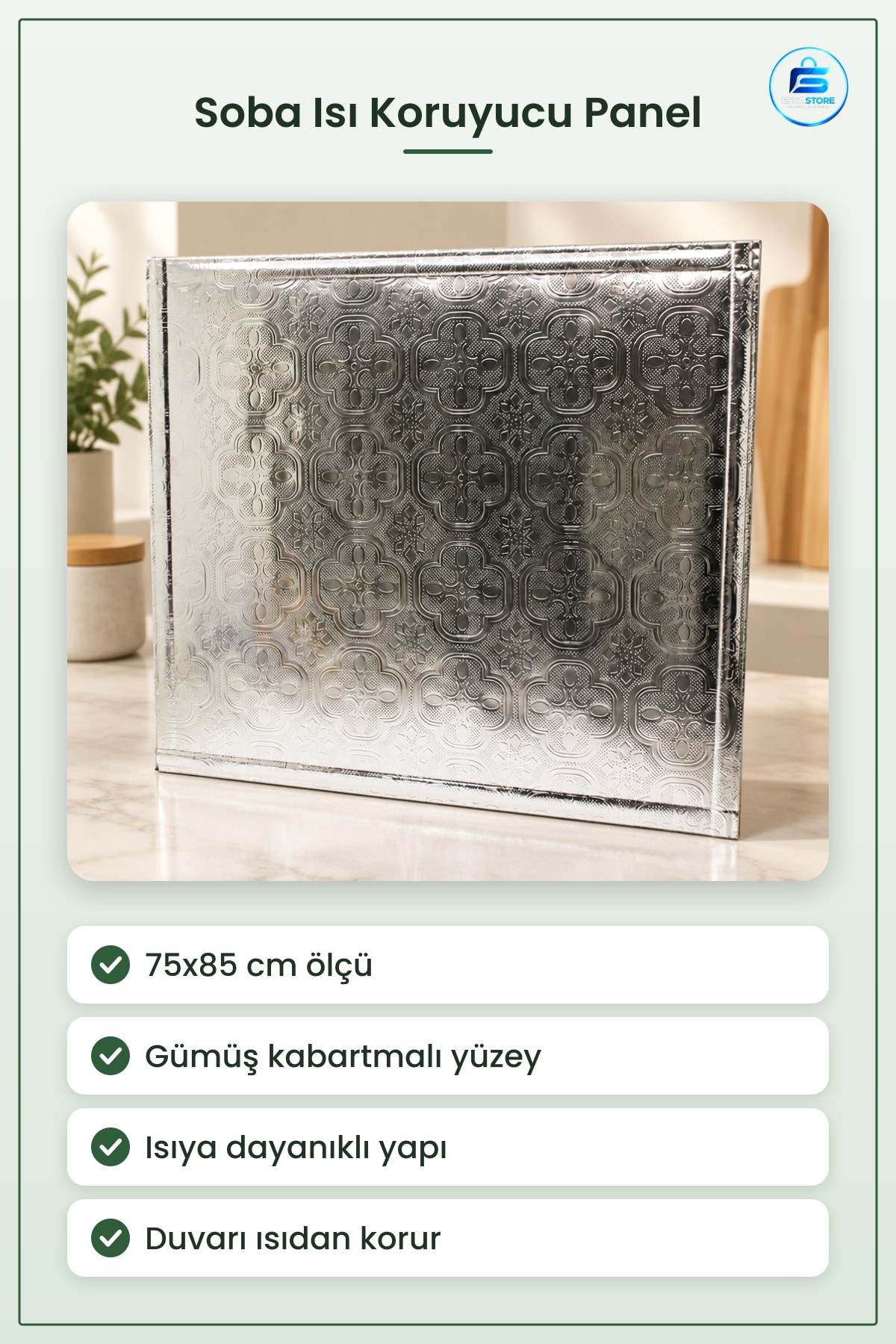 Soba Duvar Isı Koruyucu Paneli 75x85 cm Isıya Dayanıklı Gümüş Kabartmalı Yüzey Ocak Arkası