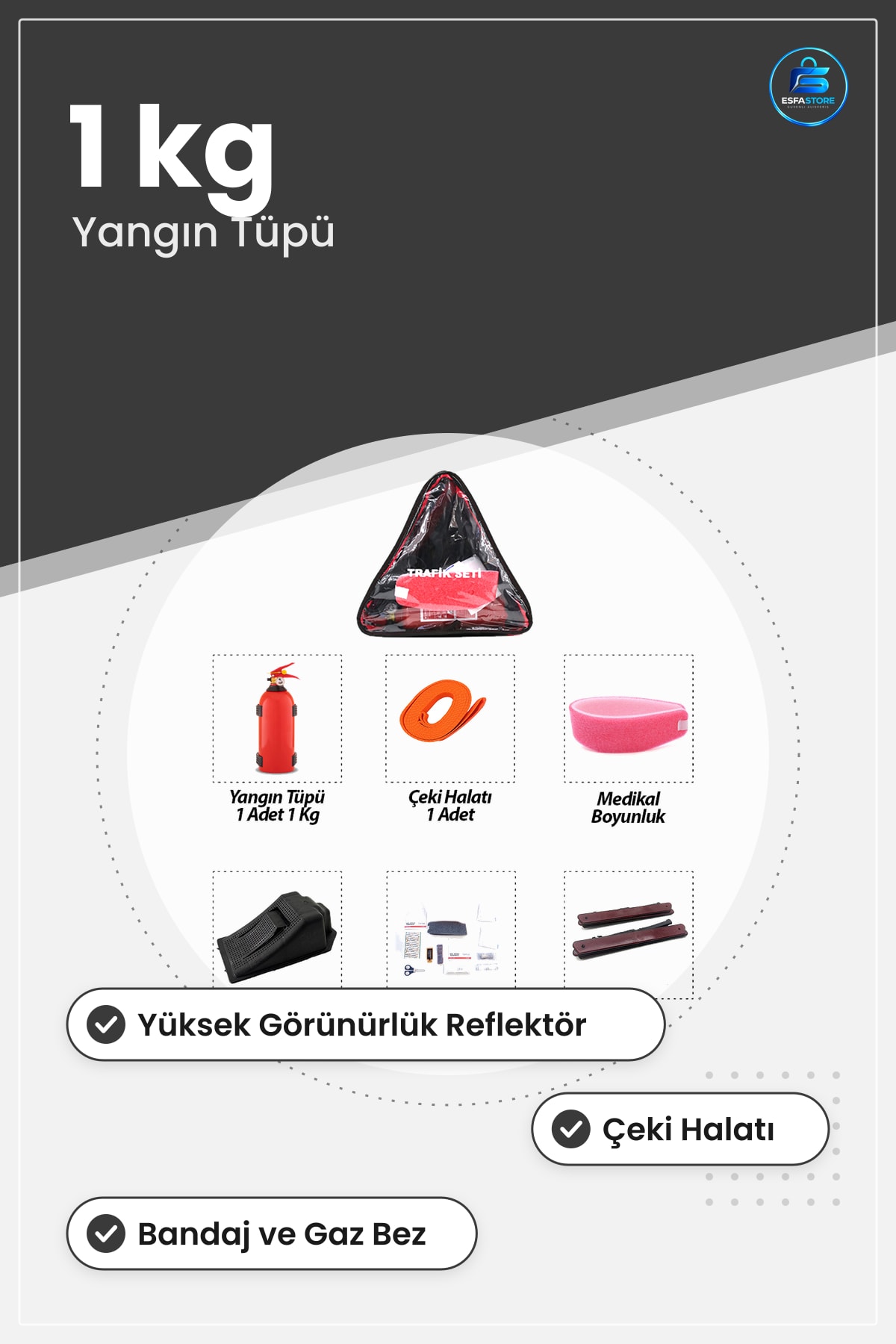 Oto Trafik ve İlk Yardım Seti 1 kg Yangın Tüpü Reflektörlü Çeki Halatı Medikal Boyunluk Takoz Araç