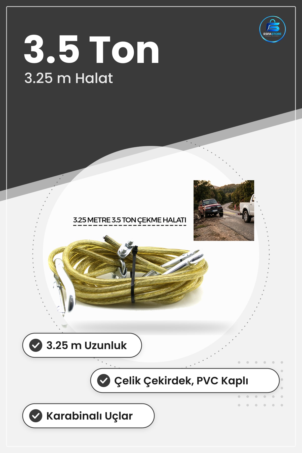 Oto Çekme Halatı 3.5 Ton 3.25 m Çelik PVC Kaplamalı Karabinalı Araç Yol Yardım Kurtarma