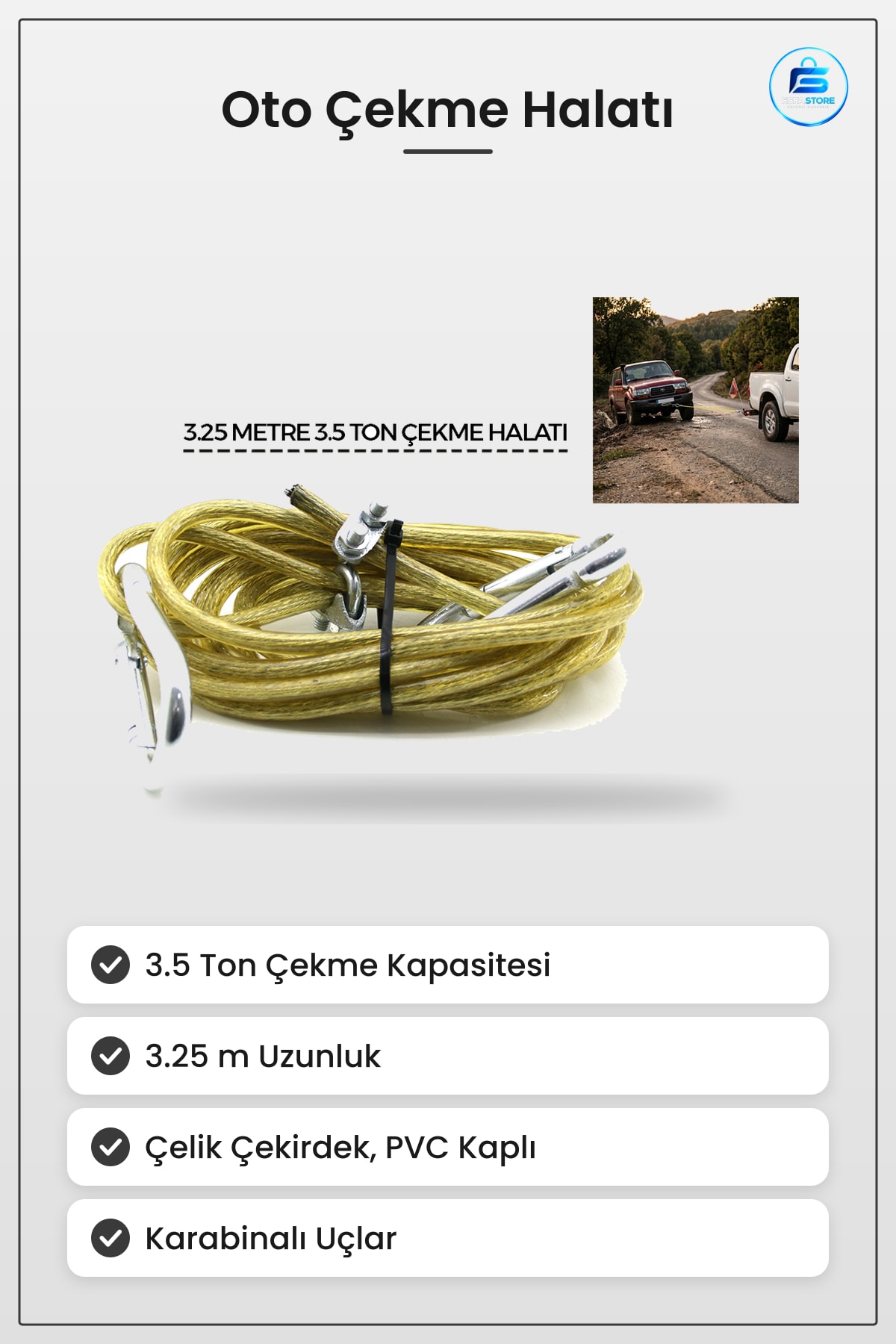 Oto Çekme Halatı 3.5 Ton 3.25 m Çelik PVC Kaplamalı Karabinalı Araç Yol Yardım Kurtarma