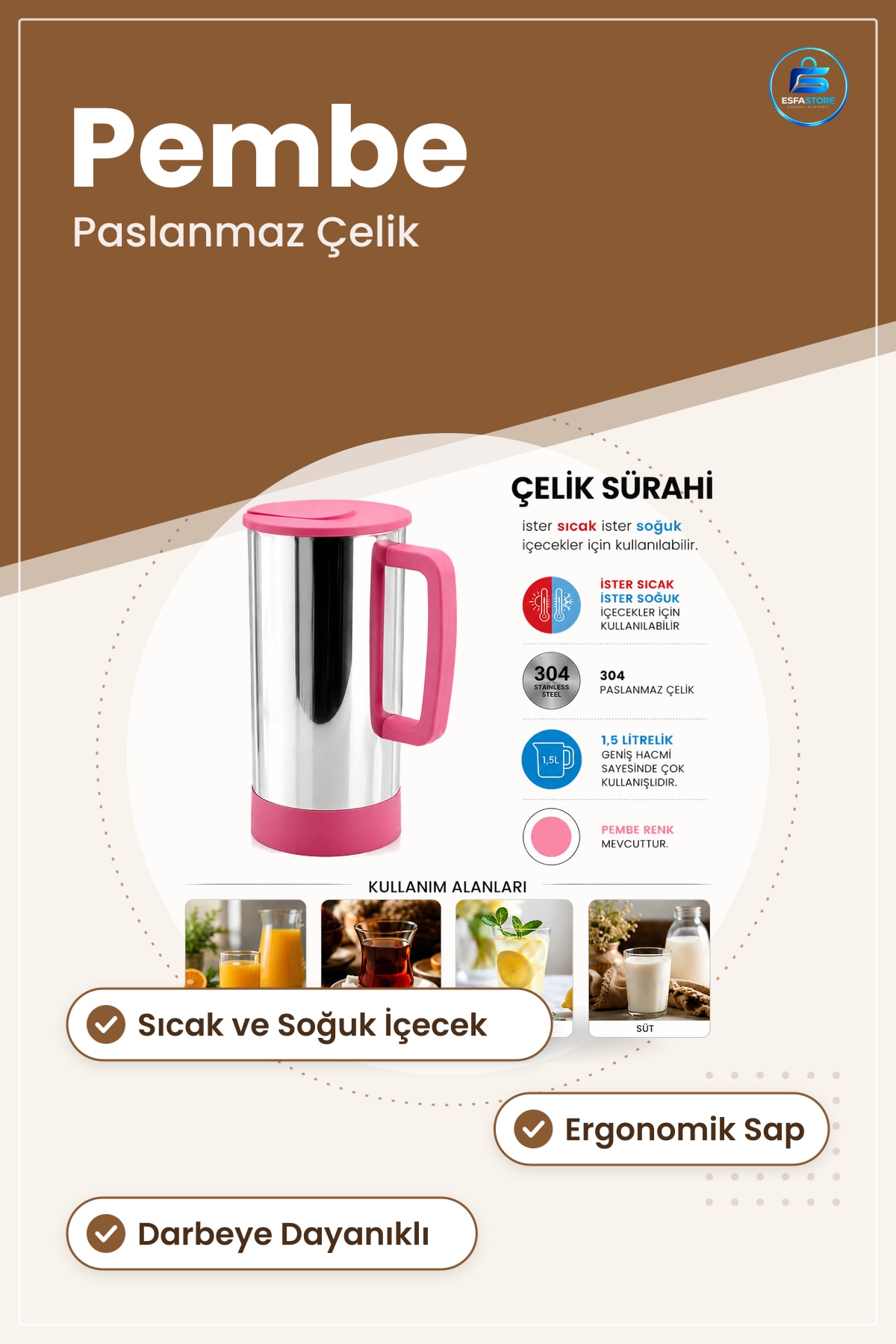 Sürahi Pembe Paslanmaz Çelik Sıcak ve Soǧuk İçecek Servisi Mutfak Ev Ofis Kafe Kullanımı