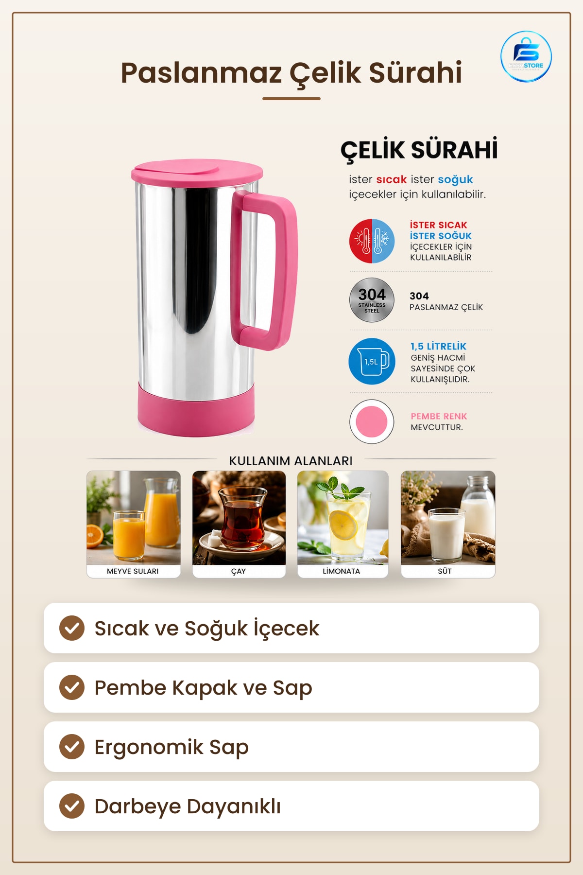 Sürahi Pembe Paslanmaz Çelik Sıcak ve Soǧuk İçecek Servisi Mutfak Ev Ofis Kafe Kullanımı