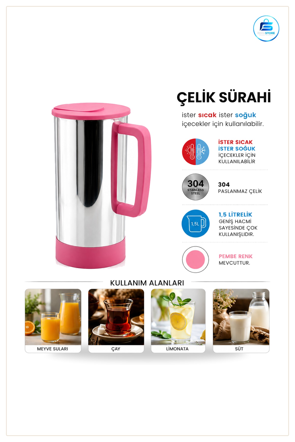 Sürahi Pembe Paslanmaz Çelik Sıcak ve Soǧuk İçecek Servisi Mutfak Ev Ofis Kafe Kullanımı