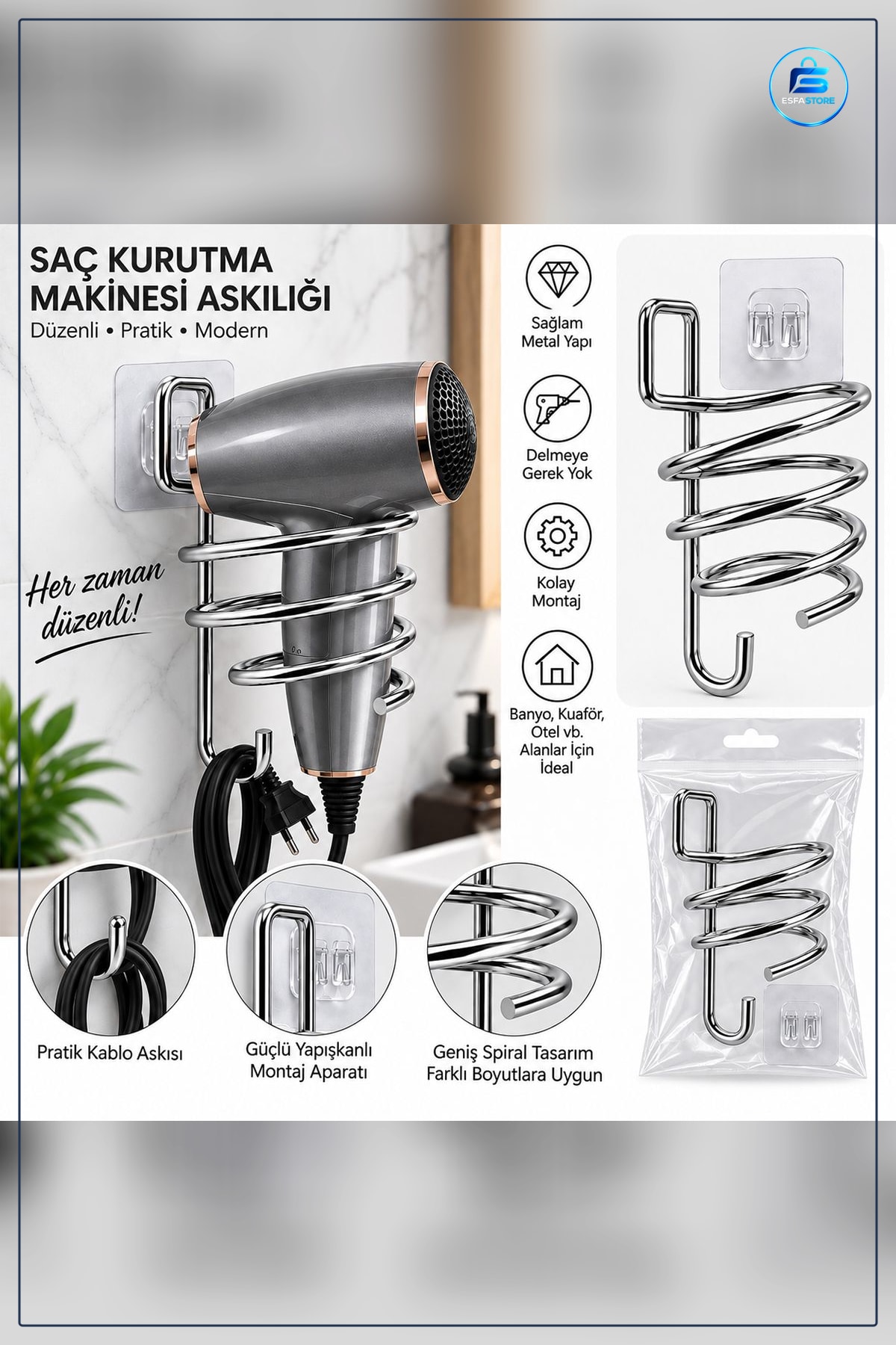 Krom Fön Makinesi Askısı Yapışkanlı Saç Kurutma Düzenleyici Banyo Kuaför Metal Spiral Tutucu