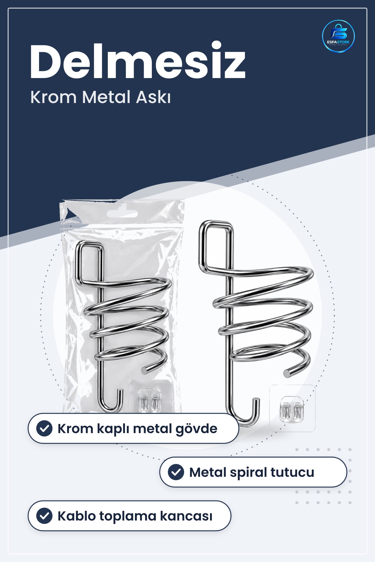 Krom Fön Makinesi Askısı Yapışkanlı Saç Kurutma Düzenleyici Banyo Kuaför Metal Spiral Tutucu