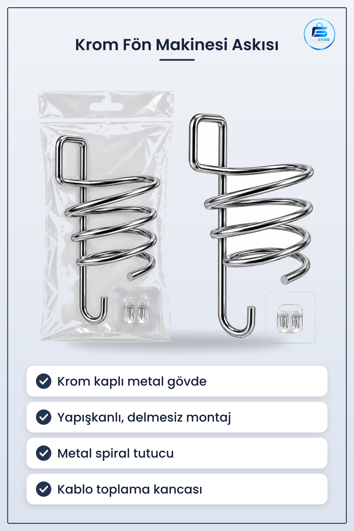 Krom Fön Makinesi Askısı Yapışkanlı Saç Kurutma Düzenleyici Banyo Kuaför Metal Spiral Tutucu