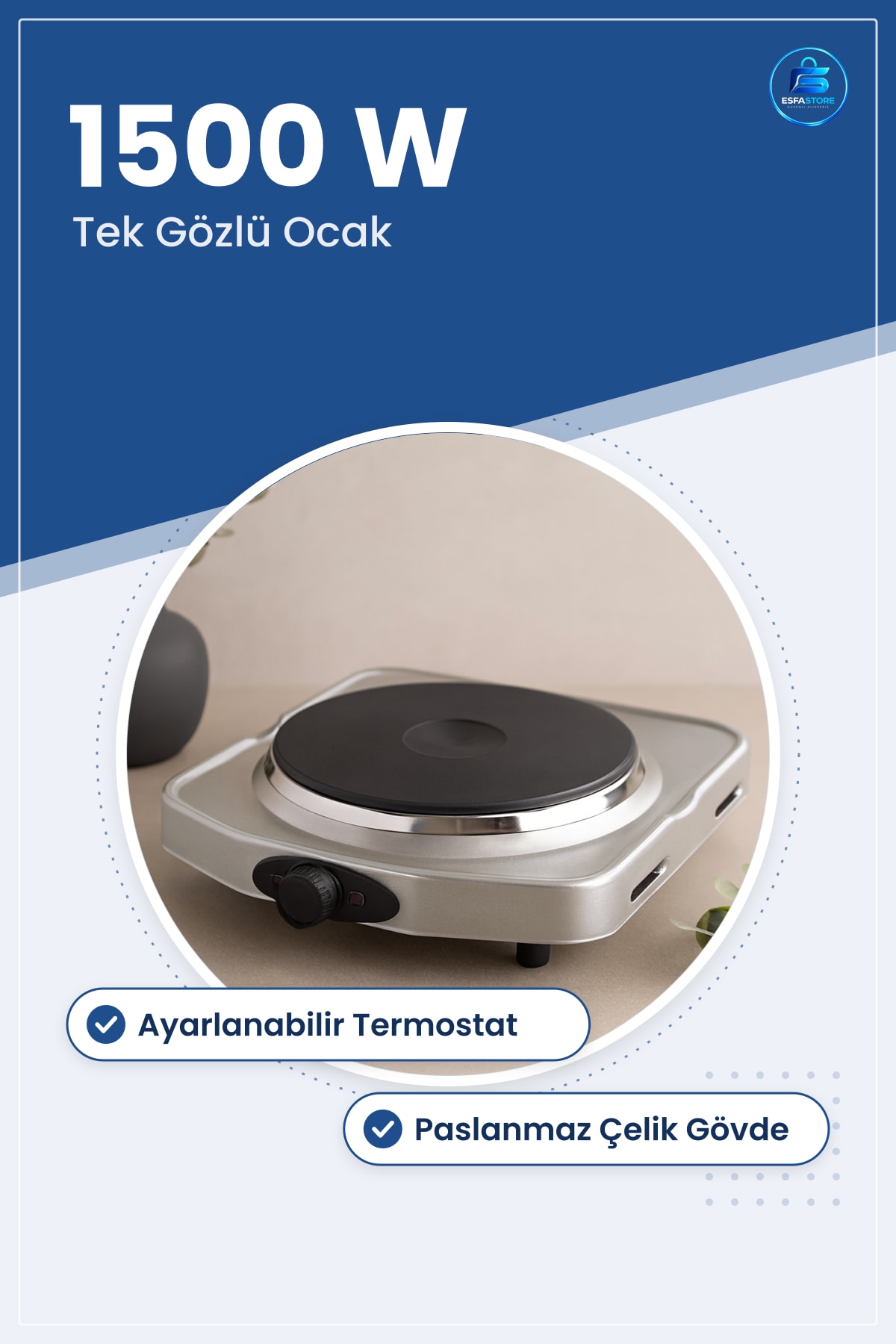Elektrikli Ocak Tek Gözlü 1500W Ayarlanabilir Termostat Seramik Plaka Paslanmaz Gövde Taşınabilir