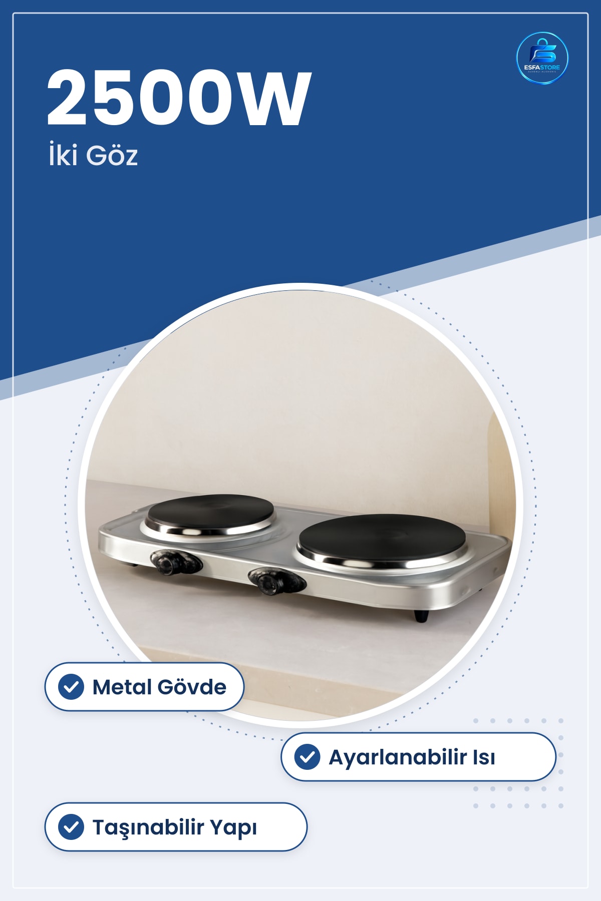 Elektrikli Ocak 2 Gözlü 2500W Metal Gövde Ayarlanabilir Isı Taşınabilir Pişirici Ev Ofis Mutfak