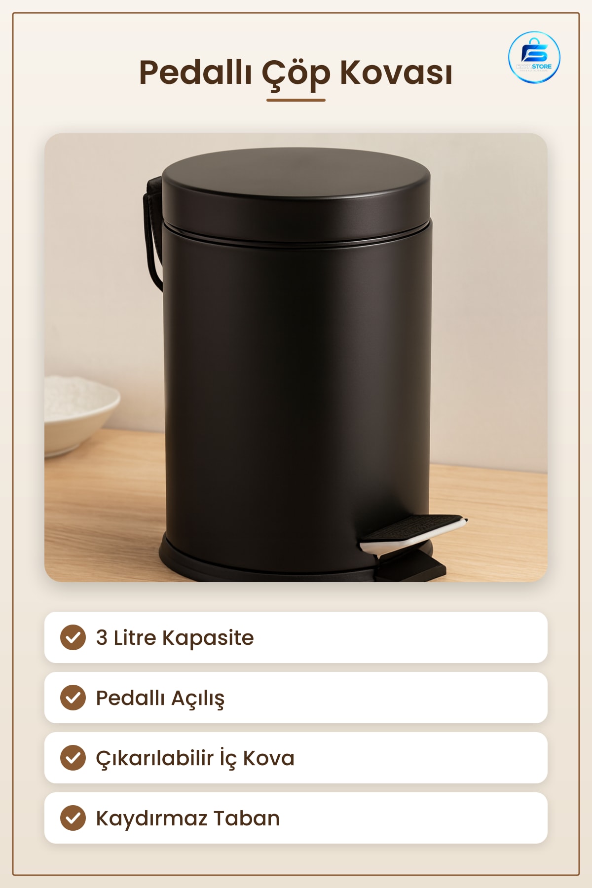 3L Pedallı Metal Çöp Kovası Siyah Toz Boya Kaplı Pas Dayanımlı Banyo Mutfak Ofis