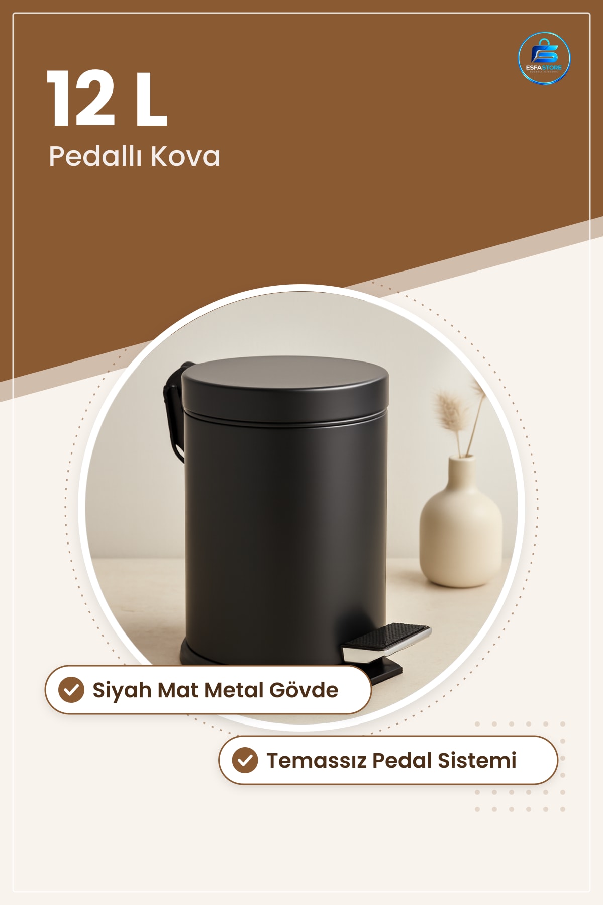 Pedallı Metal Çöp Kovası 12 L Siyah Mat Yüksek Kapasiteli Banyo Mutfak Ofis Hijyenik Temassız