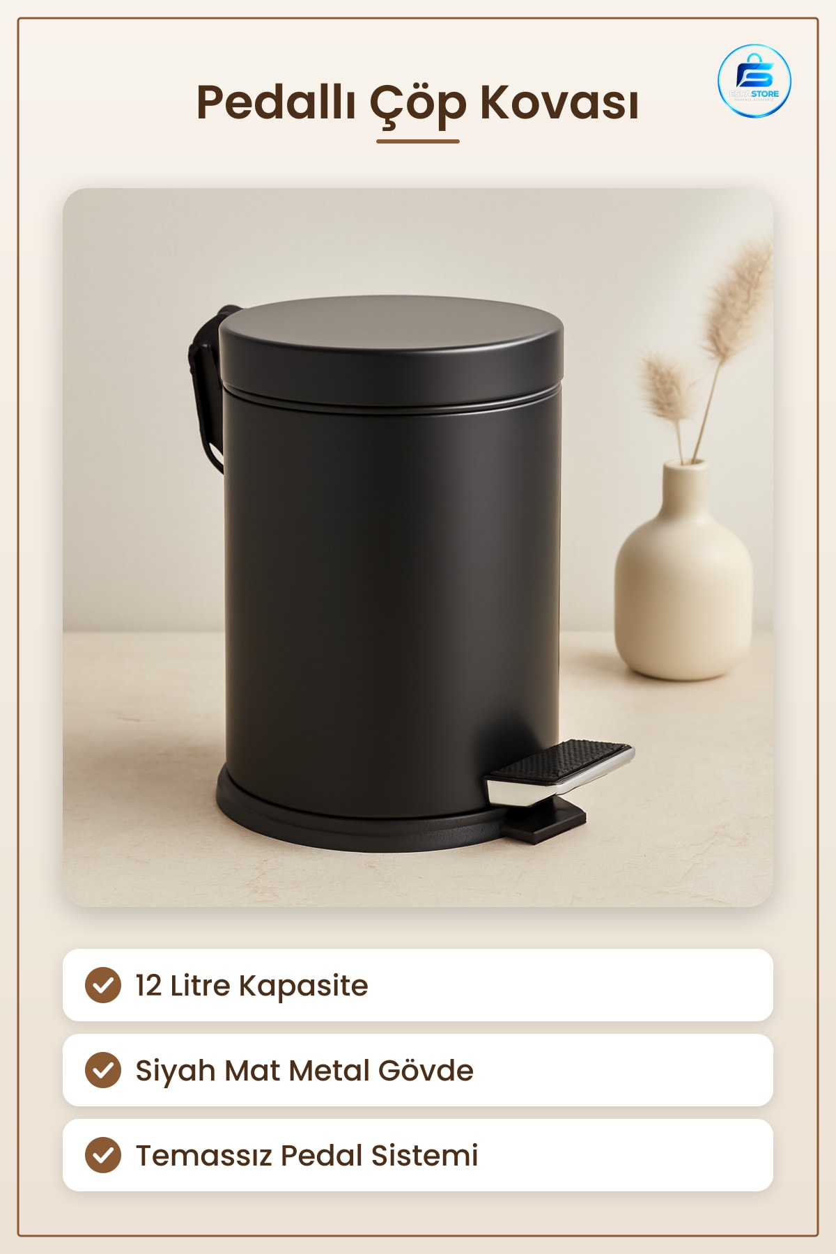 Pedallı Metal Çöp Kovası 12 L Siyah Mat Yüksek Kapasiteli Banyo Mutfak Ofis Hijyenik Temassız