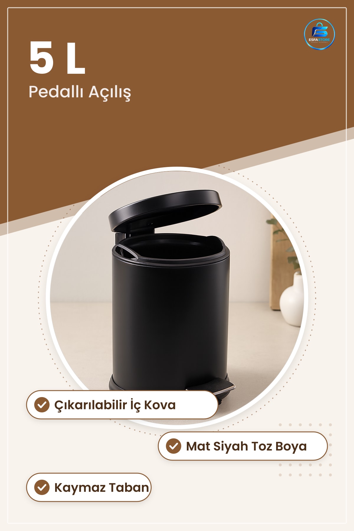 Pedallı Metal Çöp Kovası 5 L Siyah Mat Toz Boya Kaplama Çıkarılabilir İç Kova Banyo Mutfak Ofis