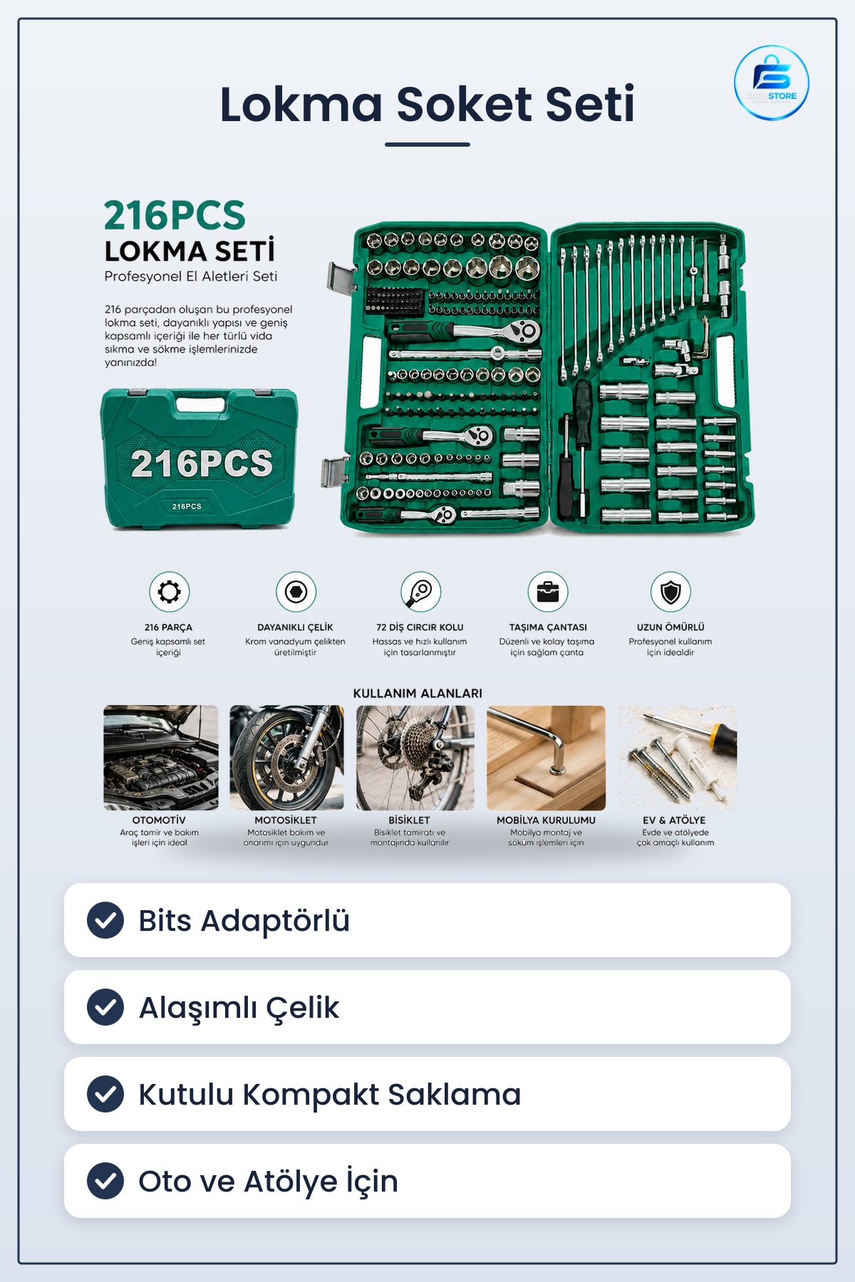 Lokma Soket Seti Bits Adaptörlü Krom Vanadyum Çelik Koçan Tamir Oto Bakım Atelye Kutulu Hırdavat