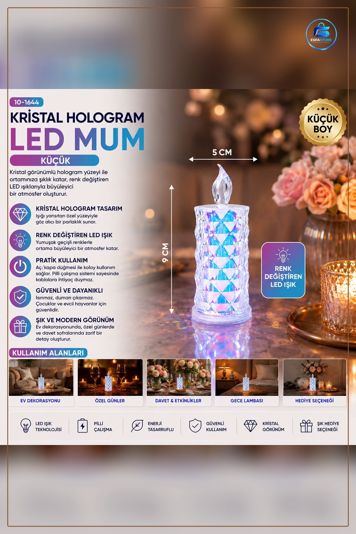 LED Mum Kristal Plastik Küçük Boy Pilli Dekoratif Gece Lambası 5 cm x 9 Aydınlatma Mika