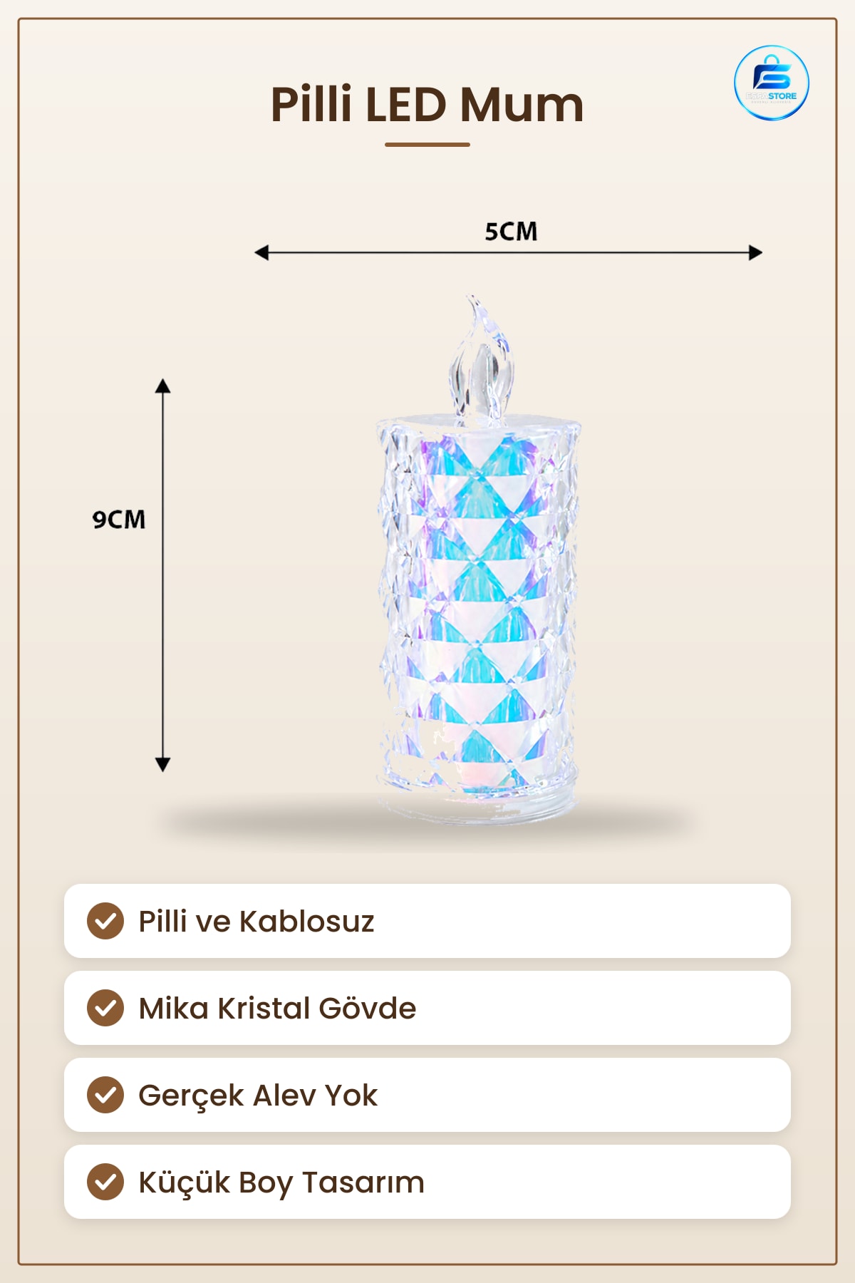 LED Mum Kristal Plastik Küçük Boy Pilli Dekoratif Gece Lambası 5 cm x 9 Aydınlatma Mika