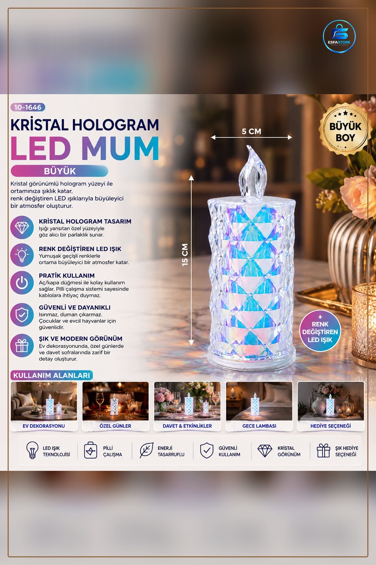 LED Mum Kristal Hologram Pilli Renk Değiştiren Dekoratif Masa Üstü Işık Mika 15 cm