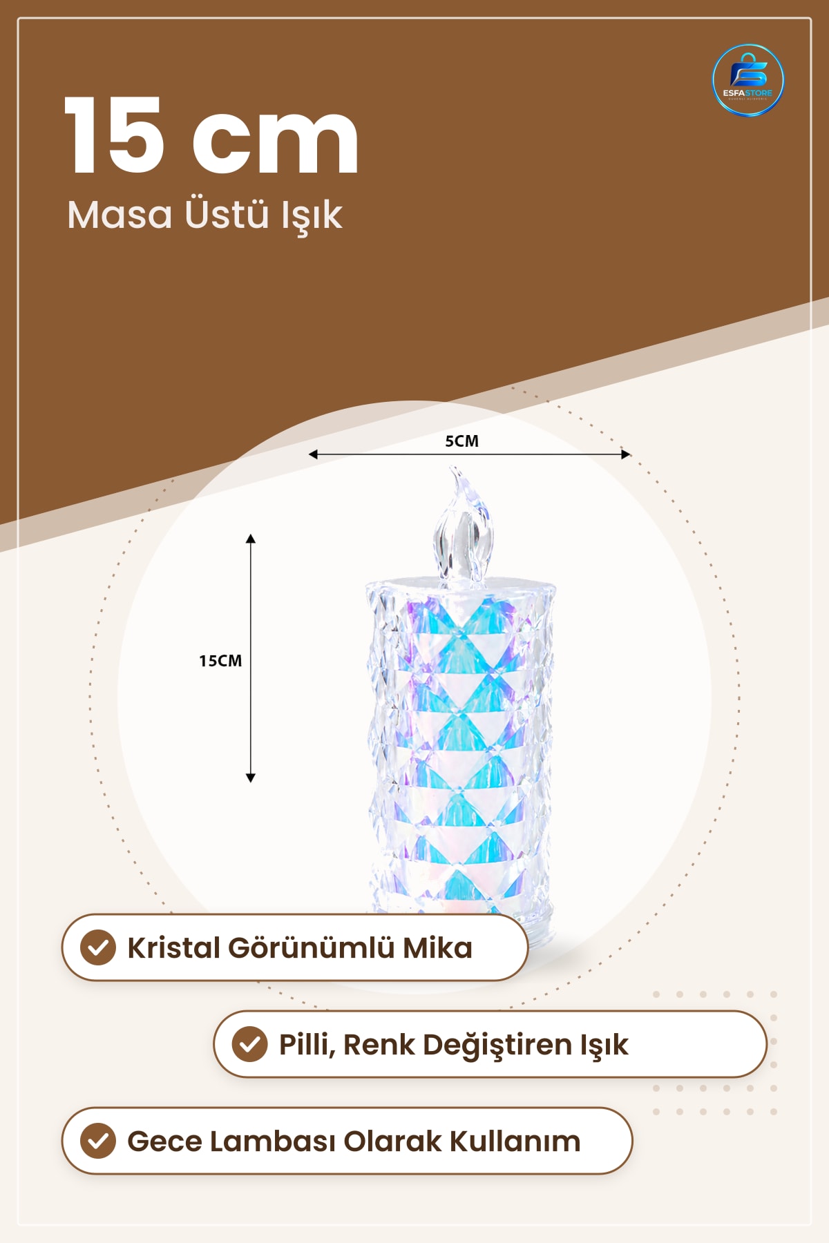 LED Mum Kristal Hologram Pilli Renk Değiştiren Dekoratif Masa Üstü Işık Mika 15 cm