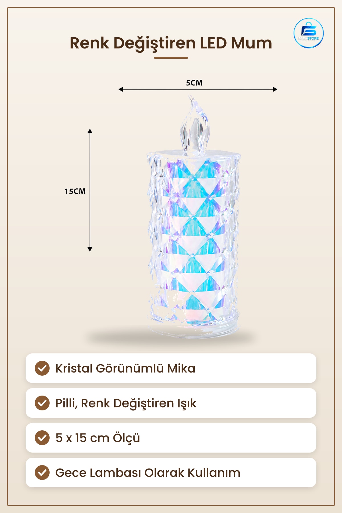 LED Mum Kristal Hologram Pilli Renk Değiştiren Dekoratif Masa Üstü Işık Mika 15 cm