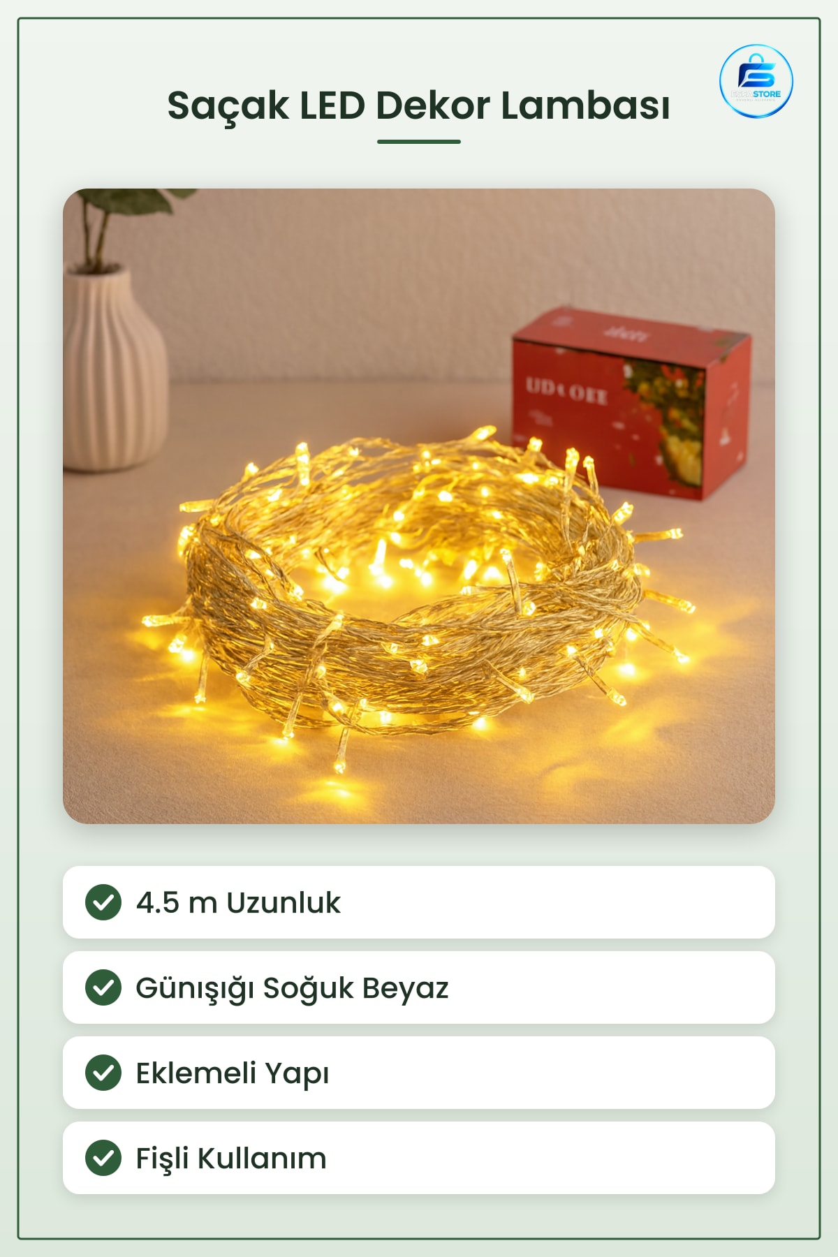 Saçak LED Dekor Lambası 4.5 m Günışığı Soğuk Beyaz Fişli Eklemli Bahçe Balkon Teras Aydınlatma