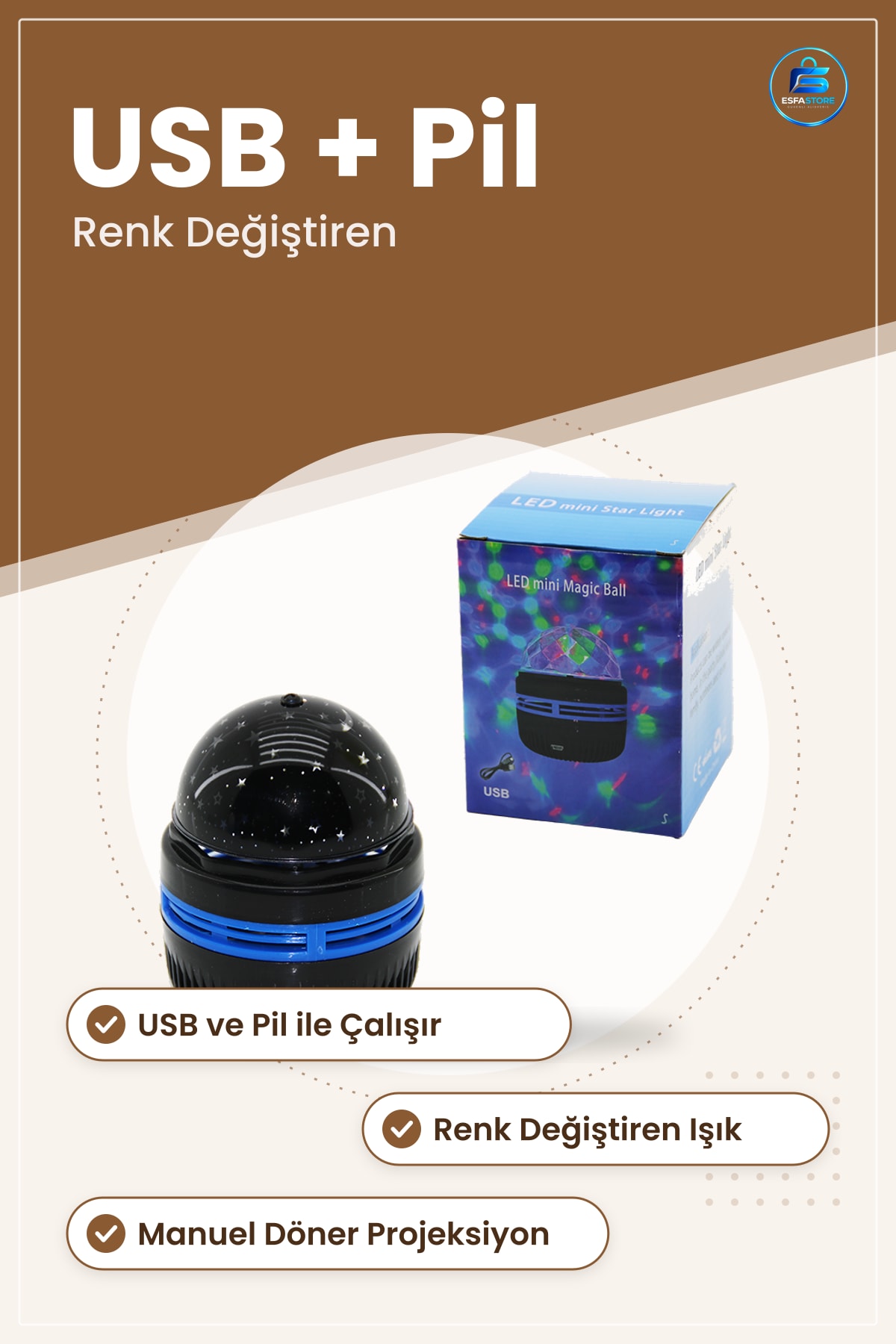 LED Mini Gece Lambası Yıldız Projeksiyon USB ve Pil Çalışır Renk Değiştiren Döner Masa Işığı