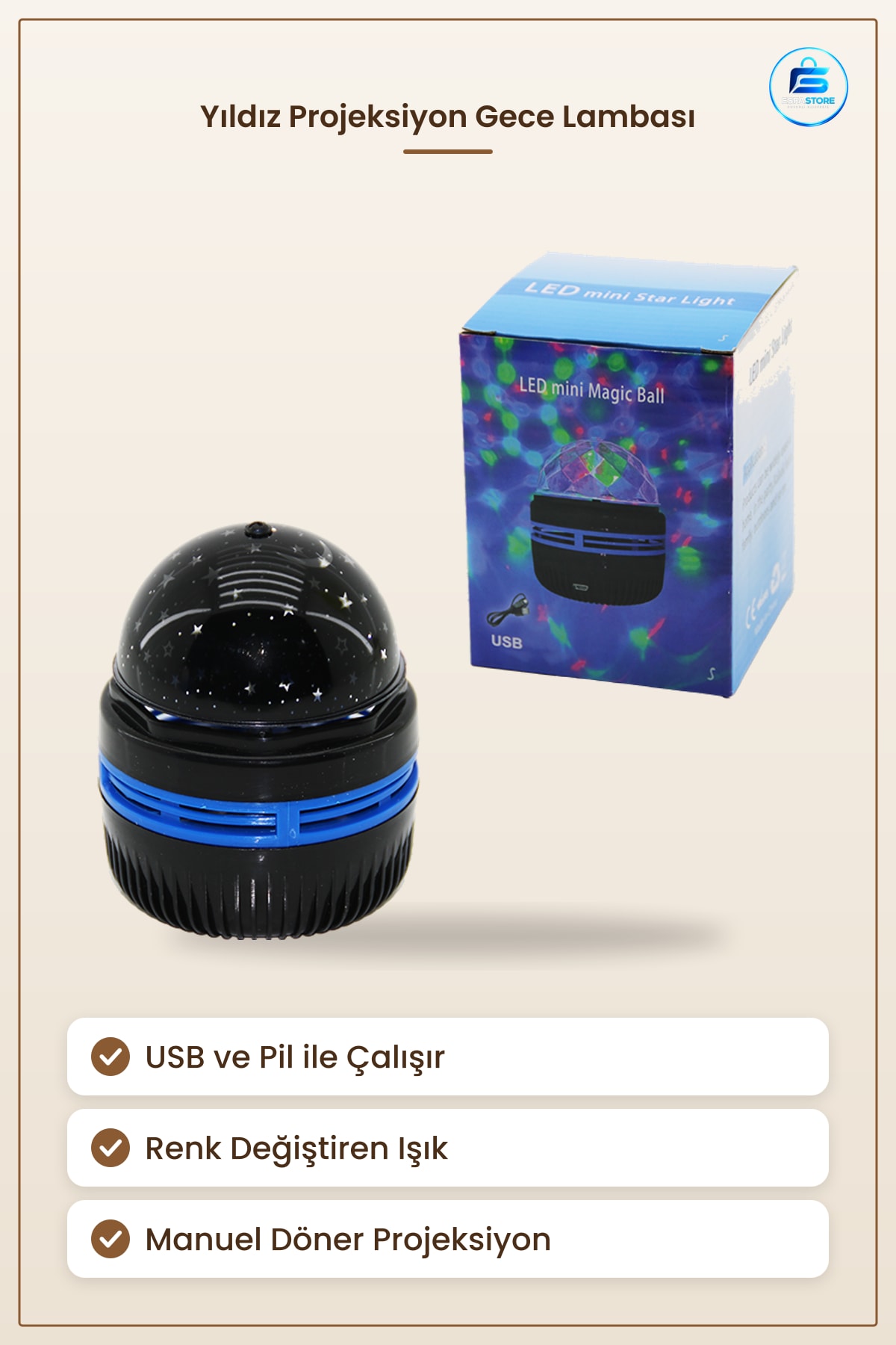 LED Mini Gece Lambası Yıldız Projeksiyon USB ve Pil Çalışır Renk Değiştiren Döner Masa Işığı