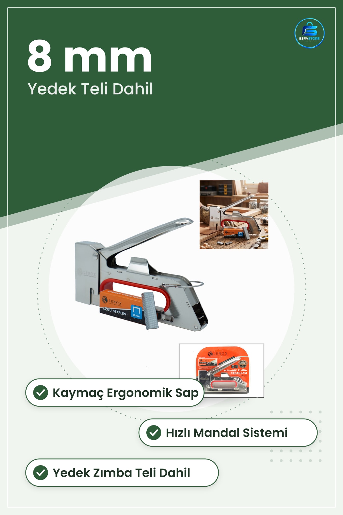 Mobilya Zımba Tabancası -8mm Yedek Telli Mekanik Döşeme Ahşap Keçe Halı Sabitleme Aleti