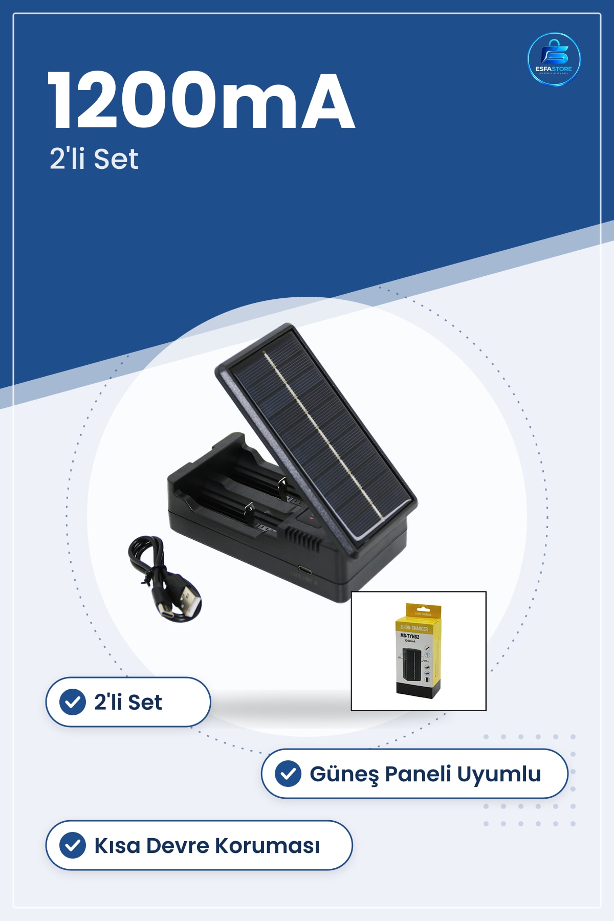 Pil Şarj Aleti 1200mA Güneş Solar Uyumlu 2'li Lityum İyon Piller Kamp Acil Durum Seyahat
