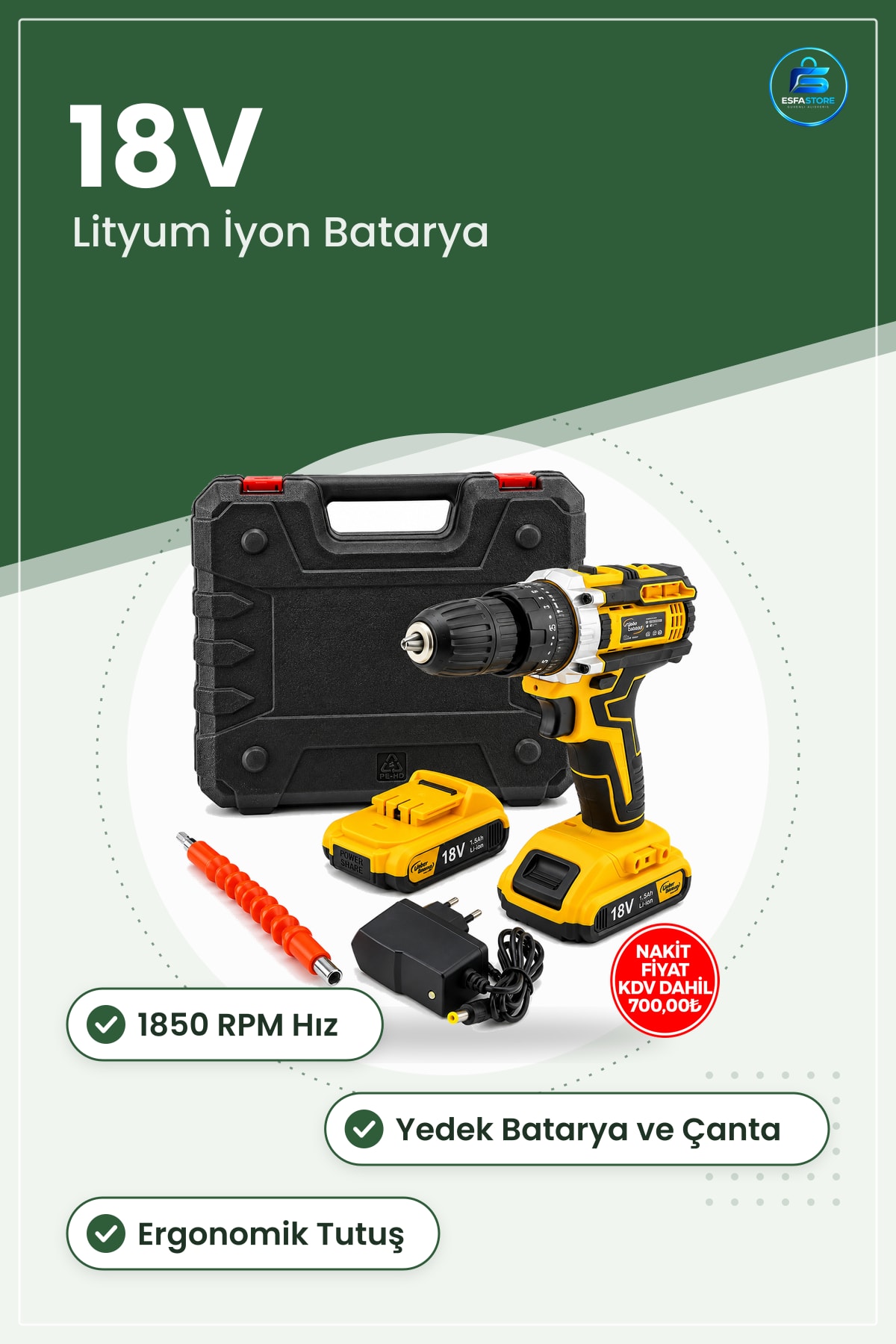 Şarjlı Akülü Vidalama Matkap Seti RPM 18W Çantalı Yedek Bataryalı Sarı Delme Montaj
