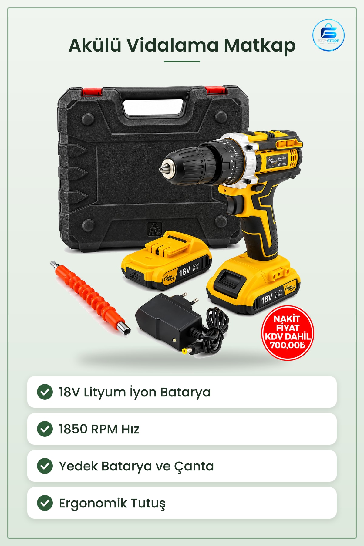 Şarjlı Akülü Vidalama Matkap Seti RPM 18W Çantalı Yedek Bataryalı Sarı Delme Montaj