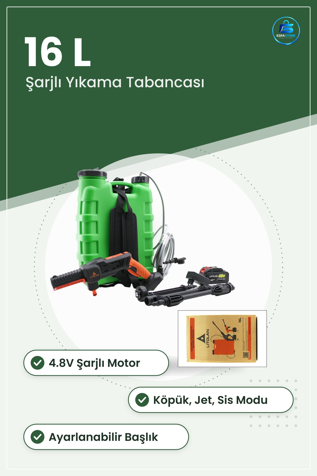 Elektrikli Araç Yıkama Tabancası 16L 4.8V Yüksek Basınçlı Bahçe Sulama Köpük Jet Sis Püskürtücü