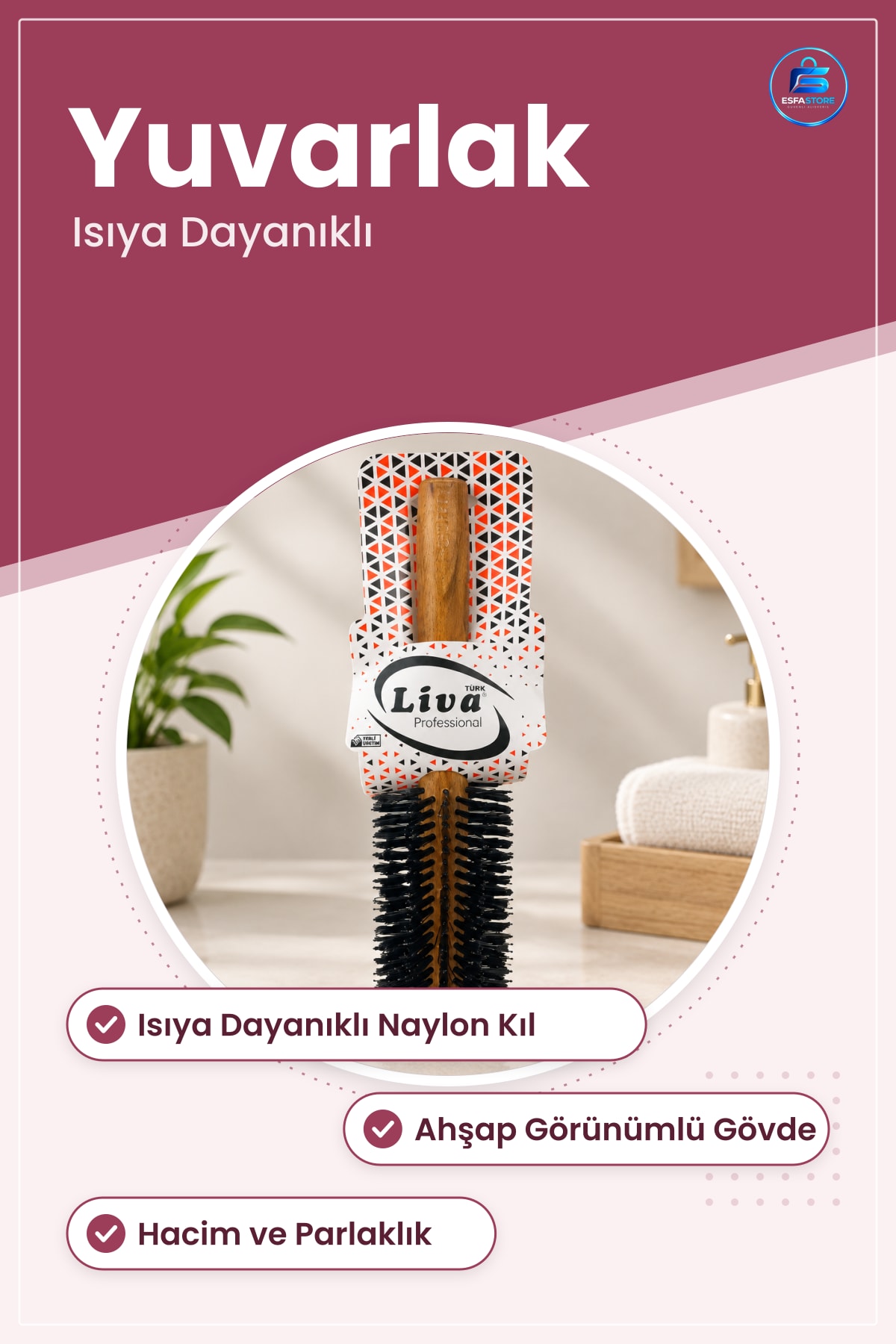 Isıya Dayanıklı Fön Saç Fırçası Yuvarlak Naylon Kıllı Hacim Kazandırıcı Ahşap Gövdeli Kurutma