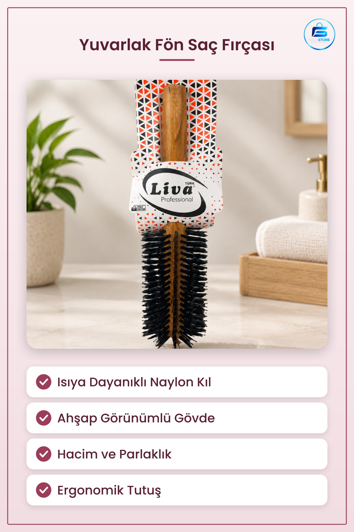 Isıya Dayanıklı Fön Saç Fırçası Yuvarlak Naylon Kıllı Hacim Kazandırıcı Ahşap Gövdeli Kurutma