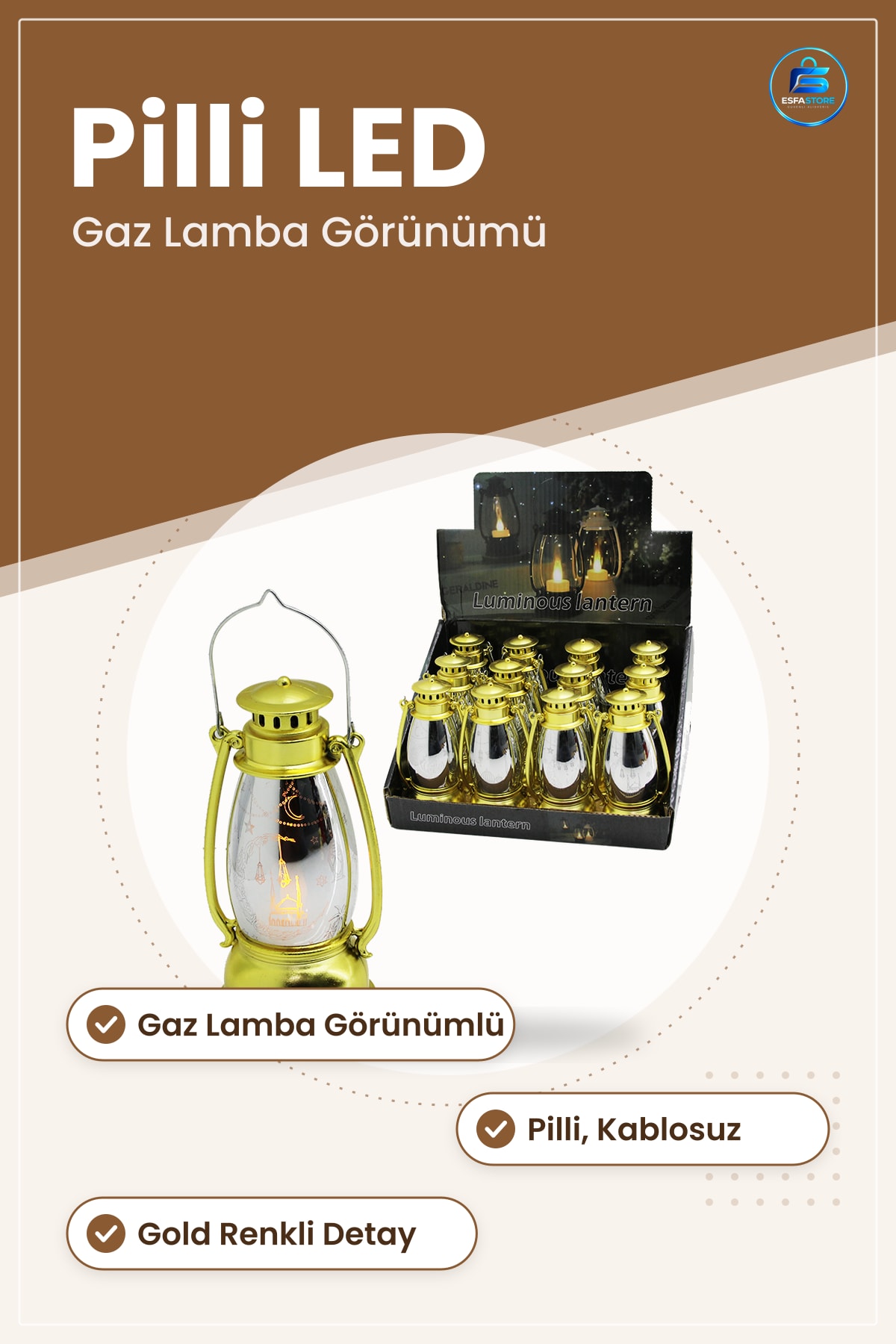 Gece Lambası Pilli LED Fener Ramazan Gaz Lamba Görünümlü Gold Plastik Masa Dekoratif Mekan Süsü