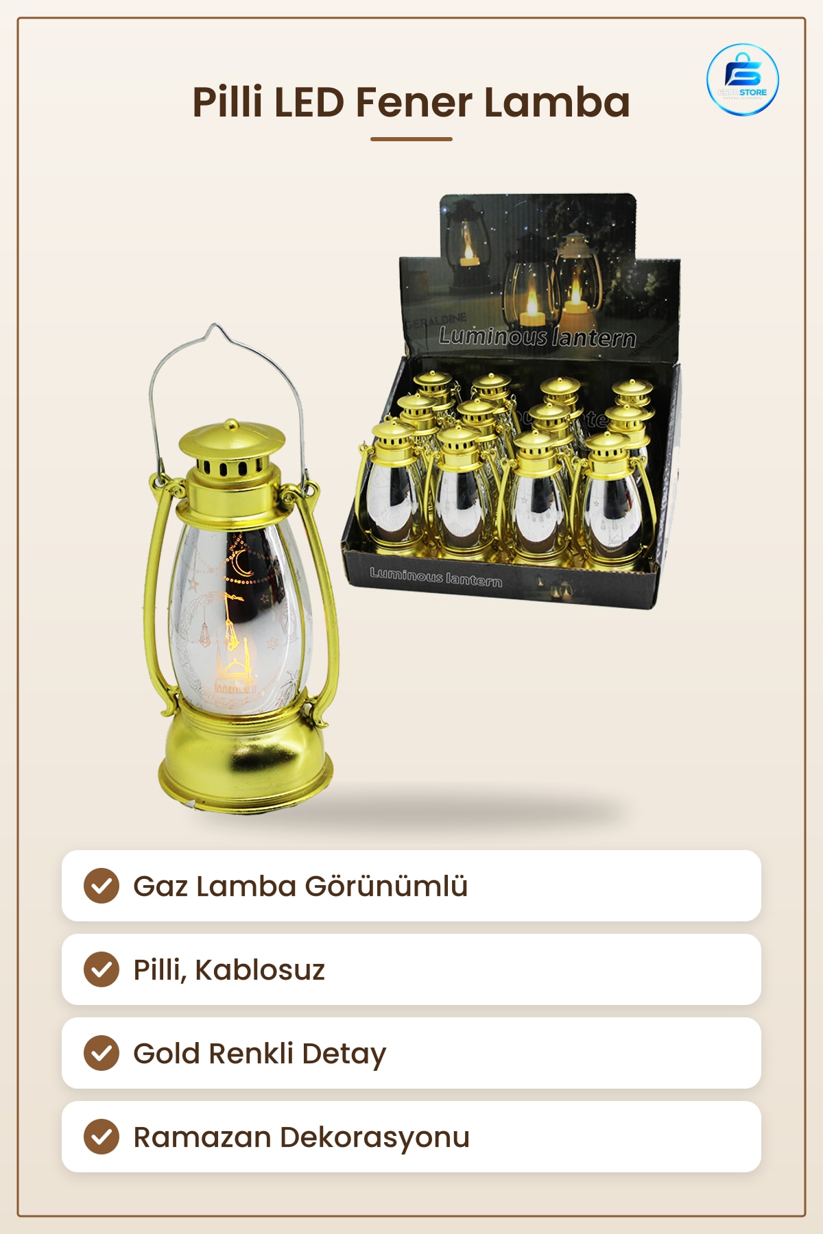 Gece Lambası Pilli LED Fener Ramazan Gaz Lamba Görünümlü Gold Plastik Masa Dekoratif Mekan Süsü