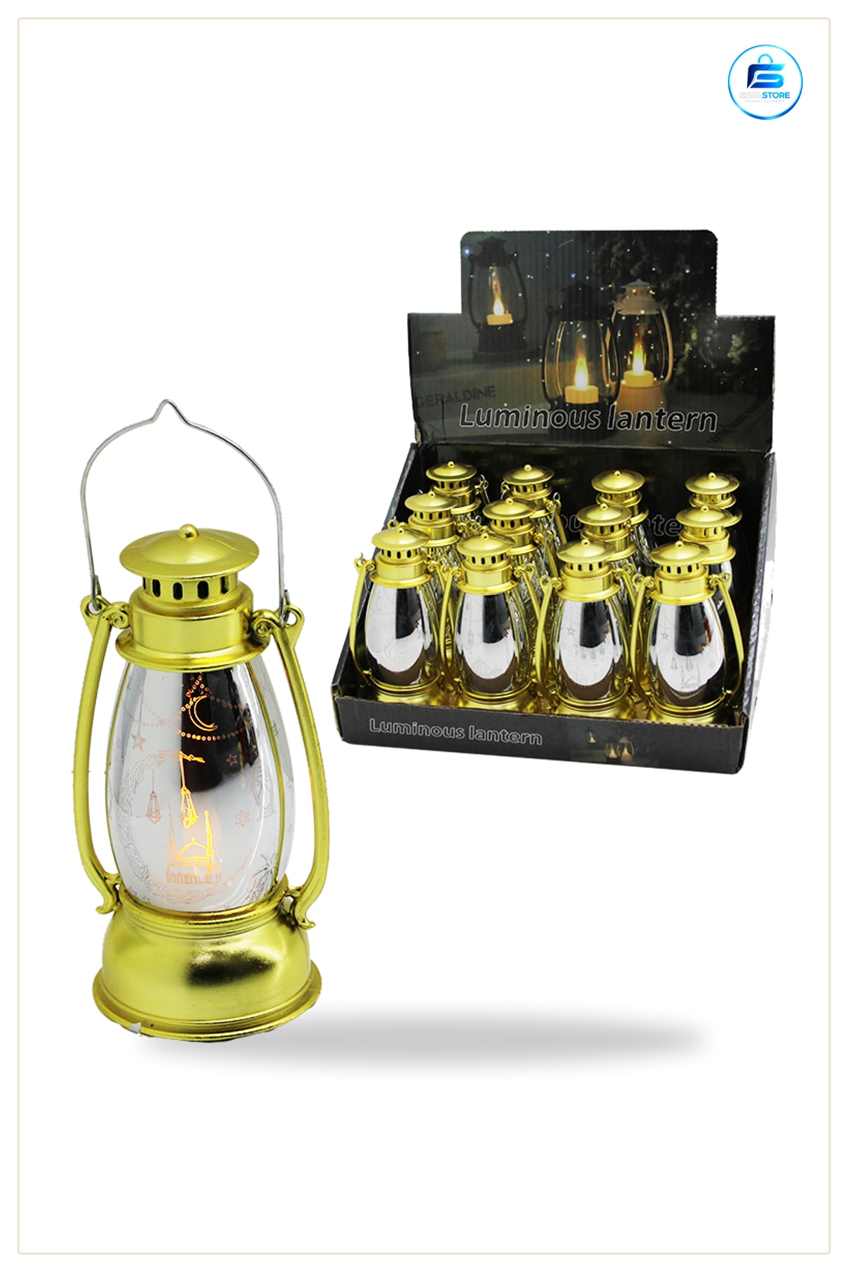 Gece Lambası Pilli LED Fener Ramazan Gaz Lamba Görünümlü Gold Plastik Masa Dekoratif Mekan Süsü